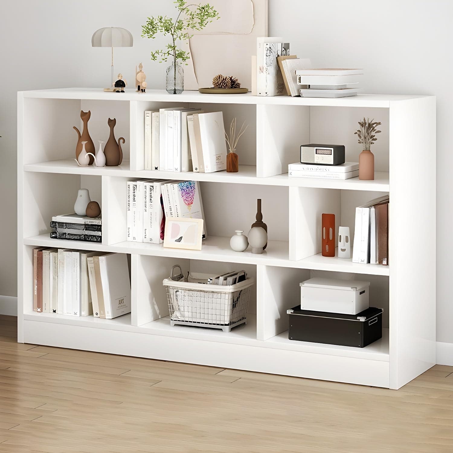 LITFAD Wood Modern Cube Bookcase with Closed Back and Multiple Shelves Floor Storage Cabinet for Home Office Study Room Library - White 55.1" L x 9.1" W x 39.4" H