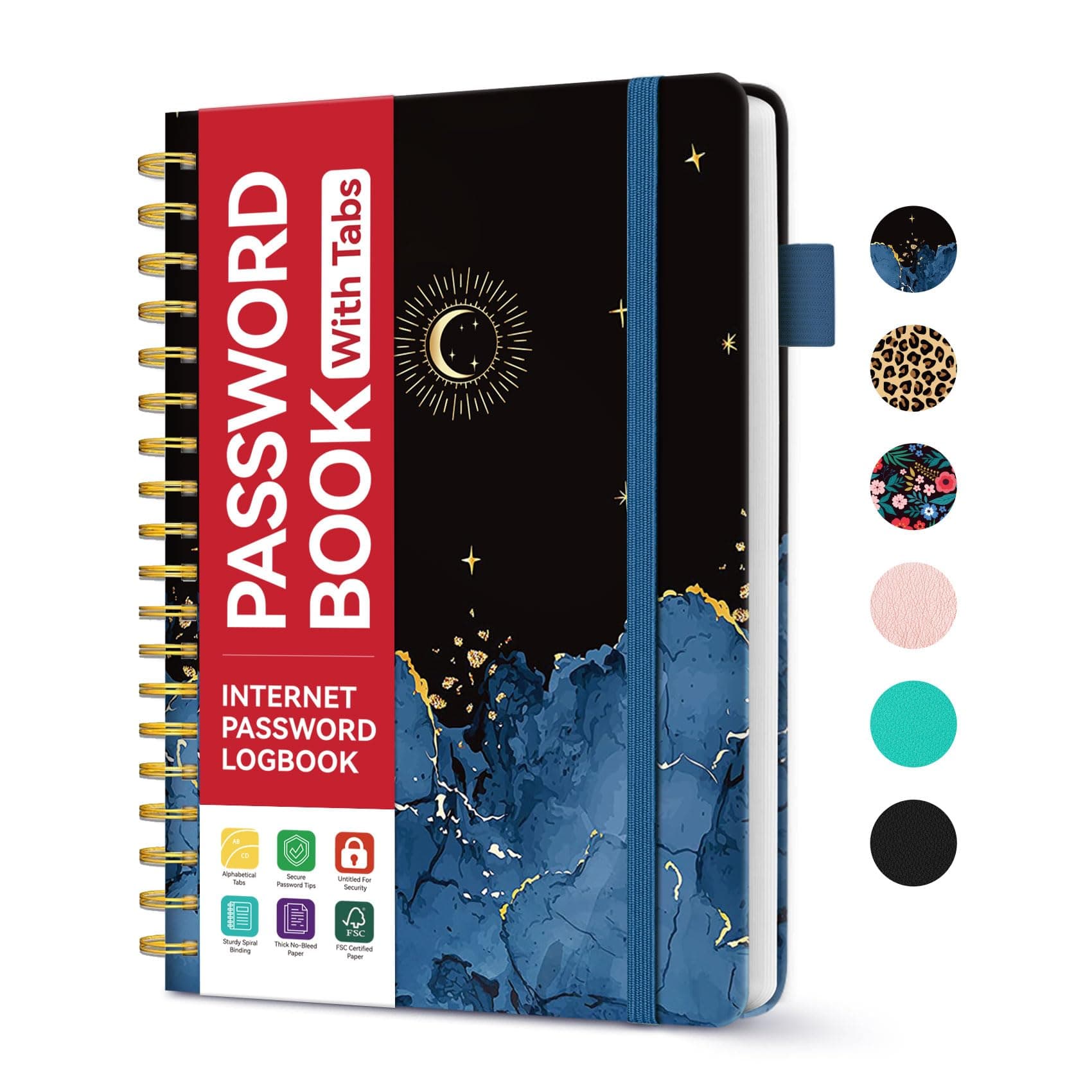 Password Book with Alphabetical Tabs, 5.5" x 6.7" Spiral Password Book, Small Password Books for Seniors, Password Keeper Book to Help You Stay Organized - Night