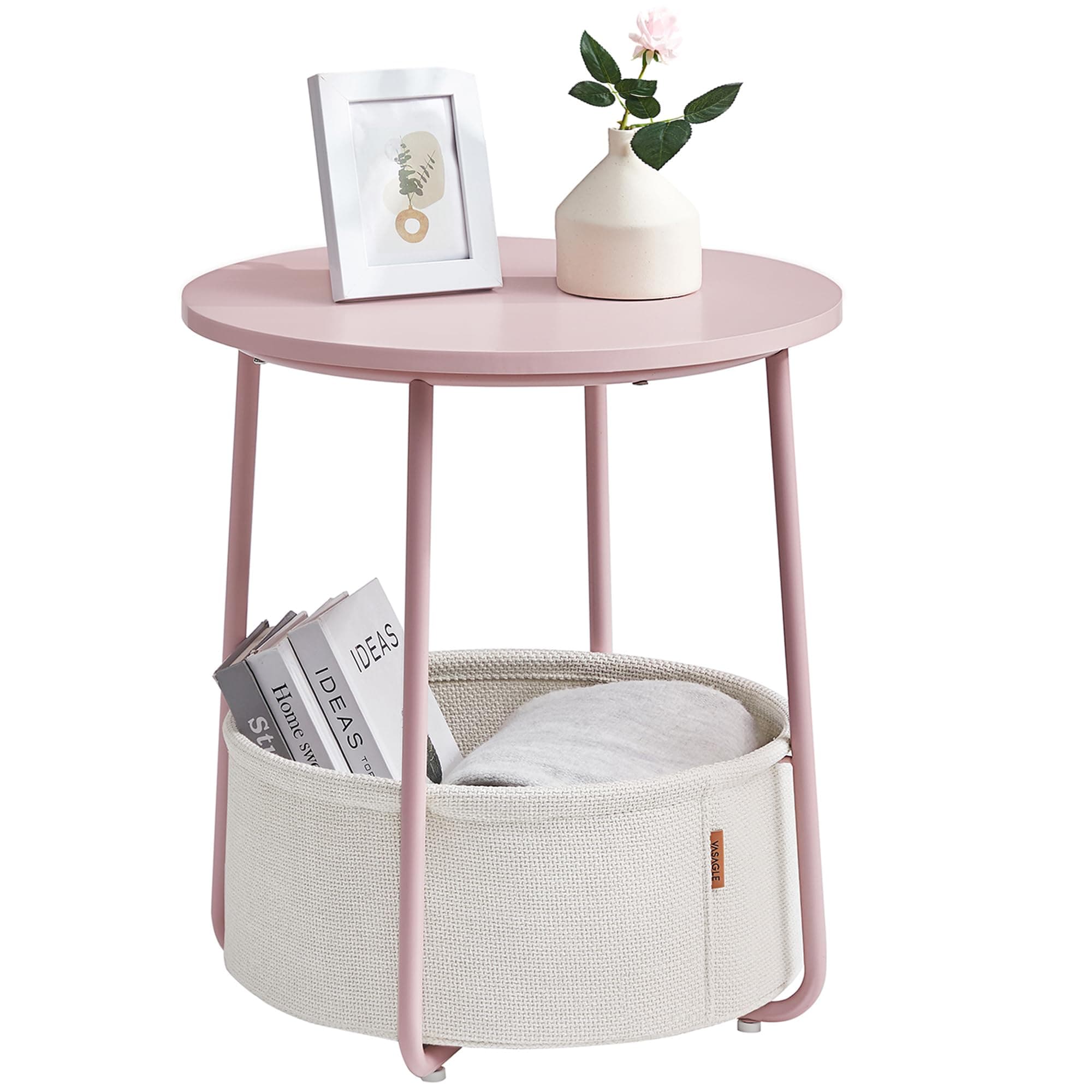 VASAGLE Small Round Side End Table, Modern Nightstand with Fabric Basket, Jelly Pink, Classic White