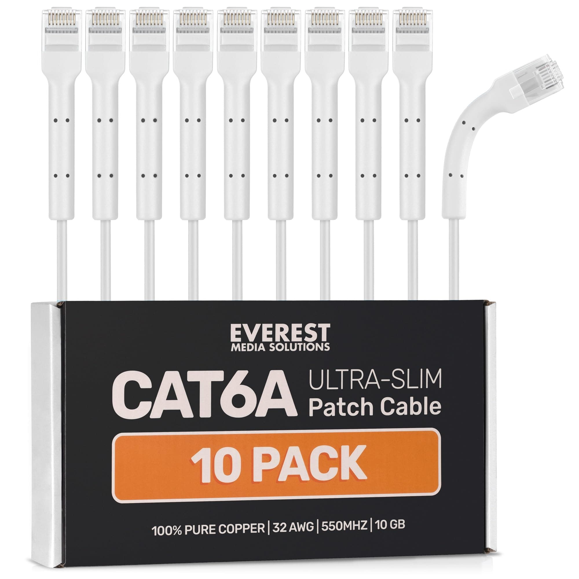 Everest Ultra Slim Cat6a Ethernet Patch Cables 1ft (10-Pack) White - 10GB Cat 6a Patch Cable - Bendable, Flexible & Thin Ethernet Cable - Space Saving 32AWG 550MHZ Cat6a Cables - 100% Copper Wires