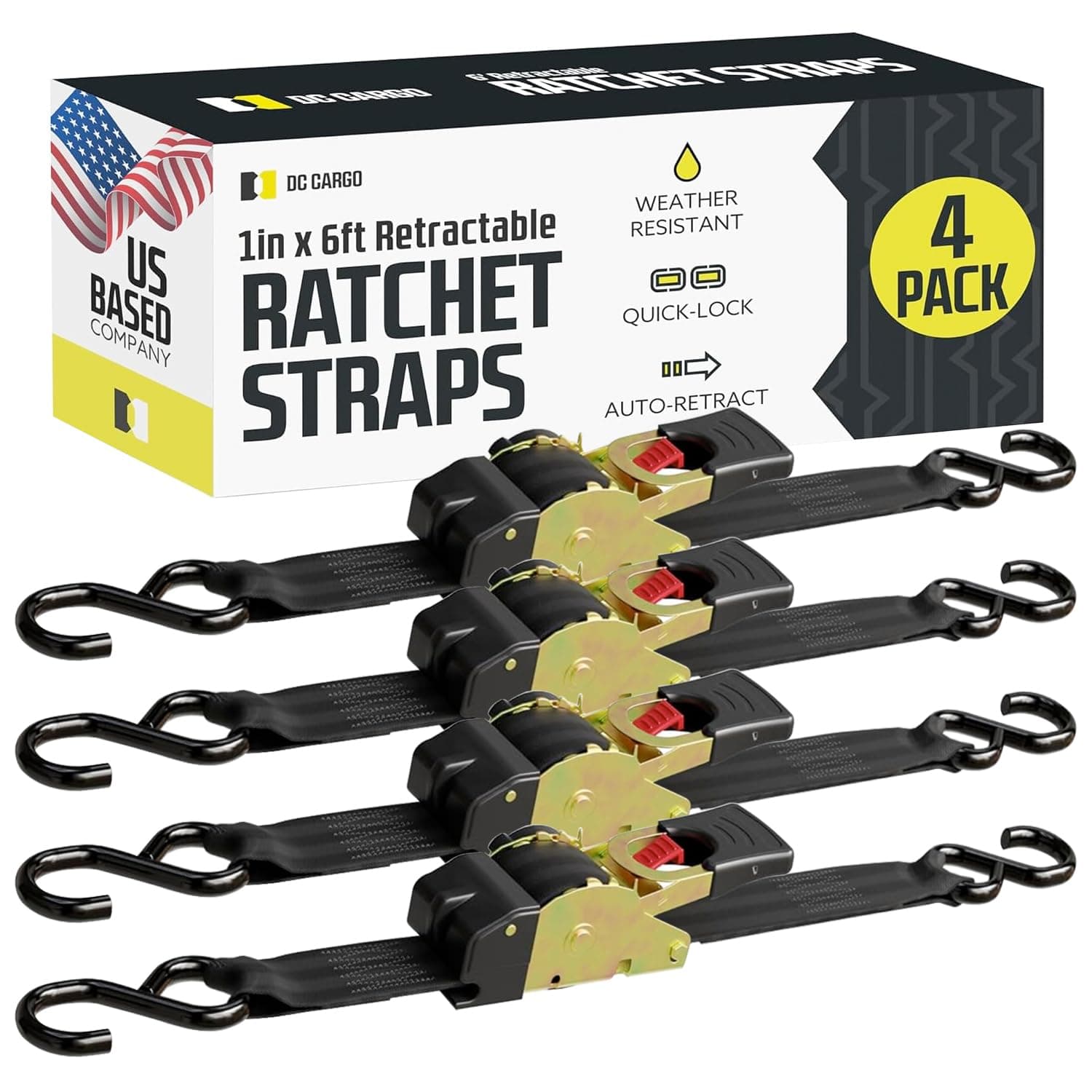 Auto Retractable Ratchet Straps (4-Pack) 1” x 6ft, Heavy Duty, 1,522lb Break Strength – Tie Down Straps for Cargo, Truck, Trailer, Motorcycle, Boat
