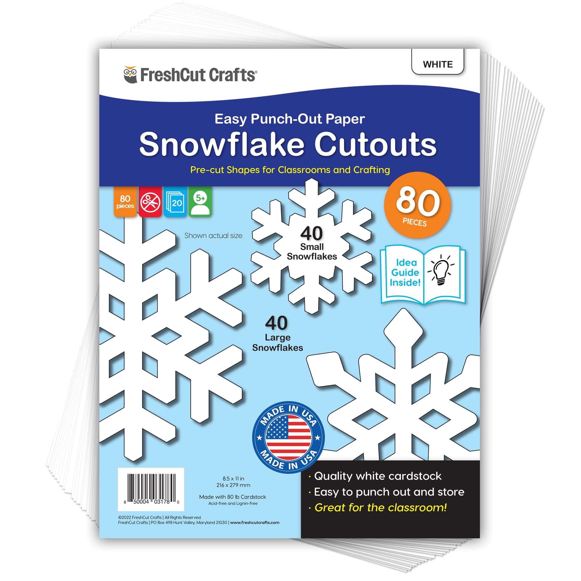 80 Pieces Snowflake Paper Cutouts with IDEA Guide, 2-Sided US Made Card Stock Punch Out White Snowflakes for Bulletin Boards, Classroom Decor, and Winter Crafts