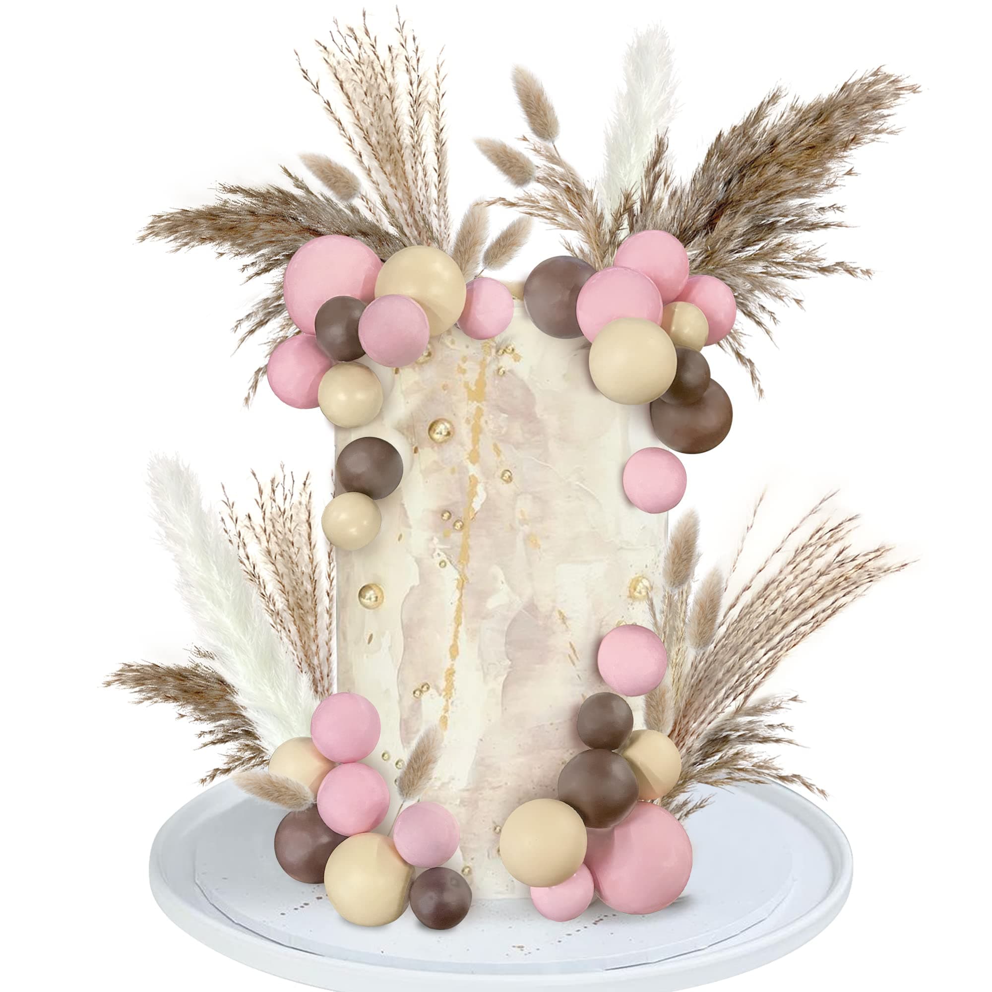 50 PCS Boho Cake Toppers Mini Balls Cake Topper Various Dried Pampas Grass Cake Decor for Boho Home Wedding Cake Decoration (Apricot Pink Brown)