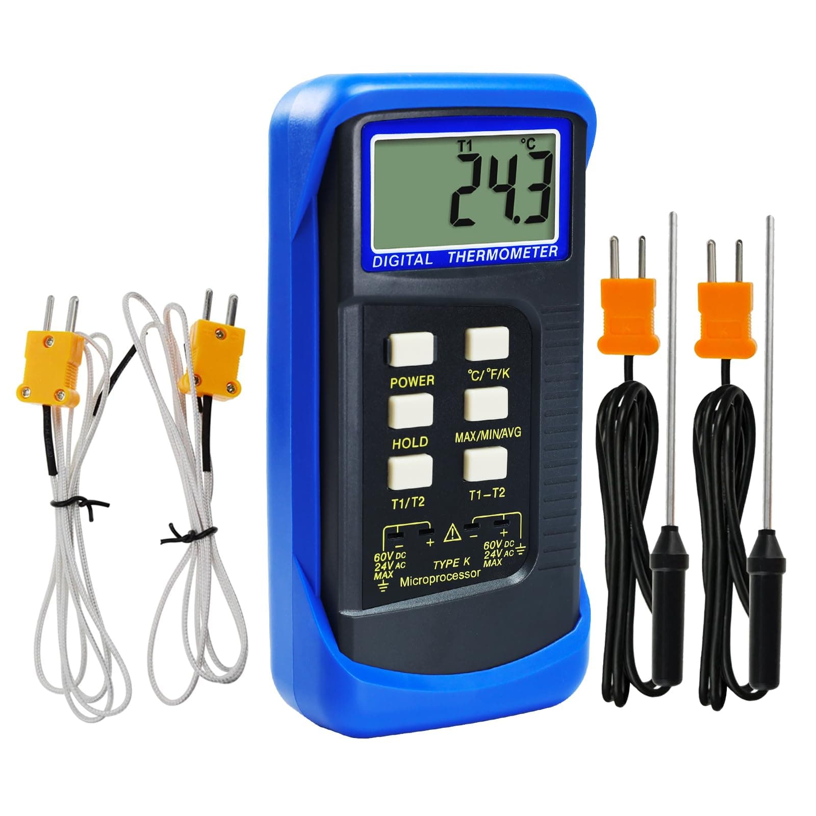 Handheld Digital K-Type Thermometer with Dual Channels and 4 Thermocouples (Wired & Stainless Steel) -50 to 1300°C (-58 to 2372°F) Range Kelvin Scale, High-Temperature Measurement Sensor