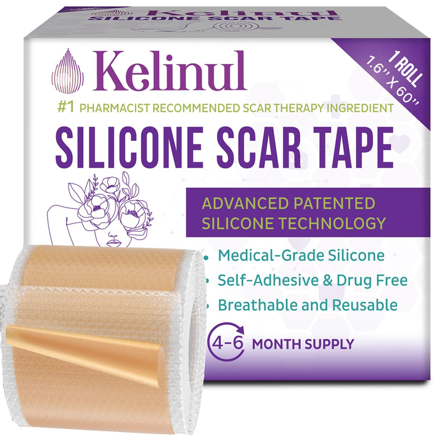 Silicone Scar Sheets(1.6' x 60'Roll-1.5M) Soft Silicone Gel Scar Tape Painless Silicone Tape Roll - Reusable, Medical Grade Silicone Scar Removal Strips for C-Section & Keloid Surgery, Burn, Acne