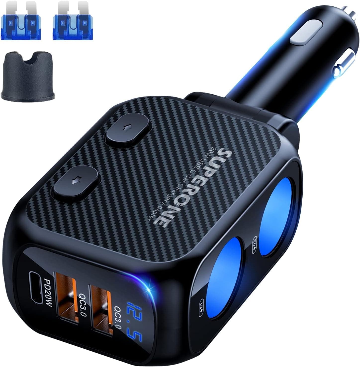 SUPERONE 180W Cigarette Lighter Splitter with 20W PD, 2-Socket Cigarette Lighter Adapter, Fast USB C Car Charger with Type-C 20W PD & QC 3.0 for Dash Cam, GPS, iPad/Laptop/iPhone 17/16/15/14/Samsung