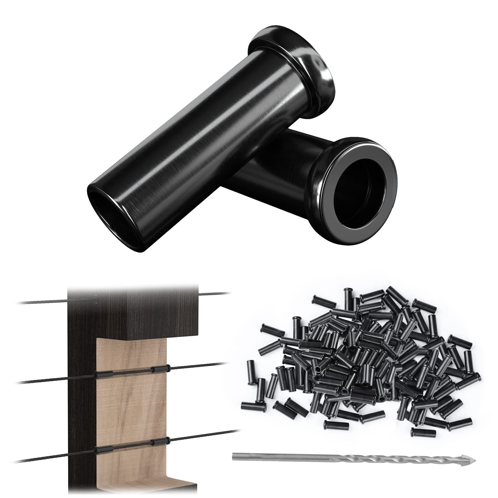 Muzata 100 Pack 1/8" Black Cable Railing Protector Sleeves T316 Stainless Steel Protective Sleeves Deck Cable Railing Hardware Kit for Wood Posts CR13