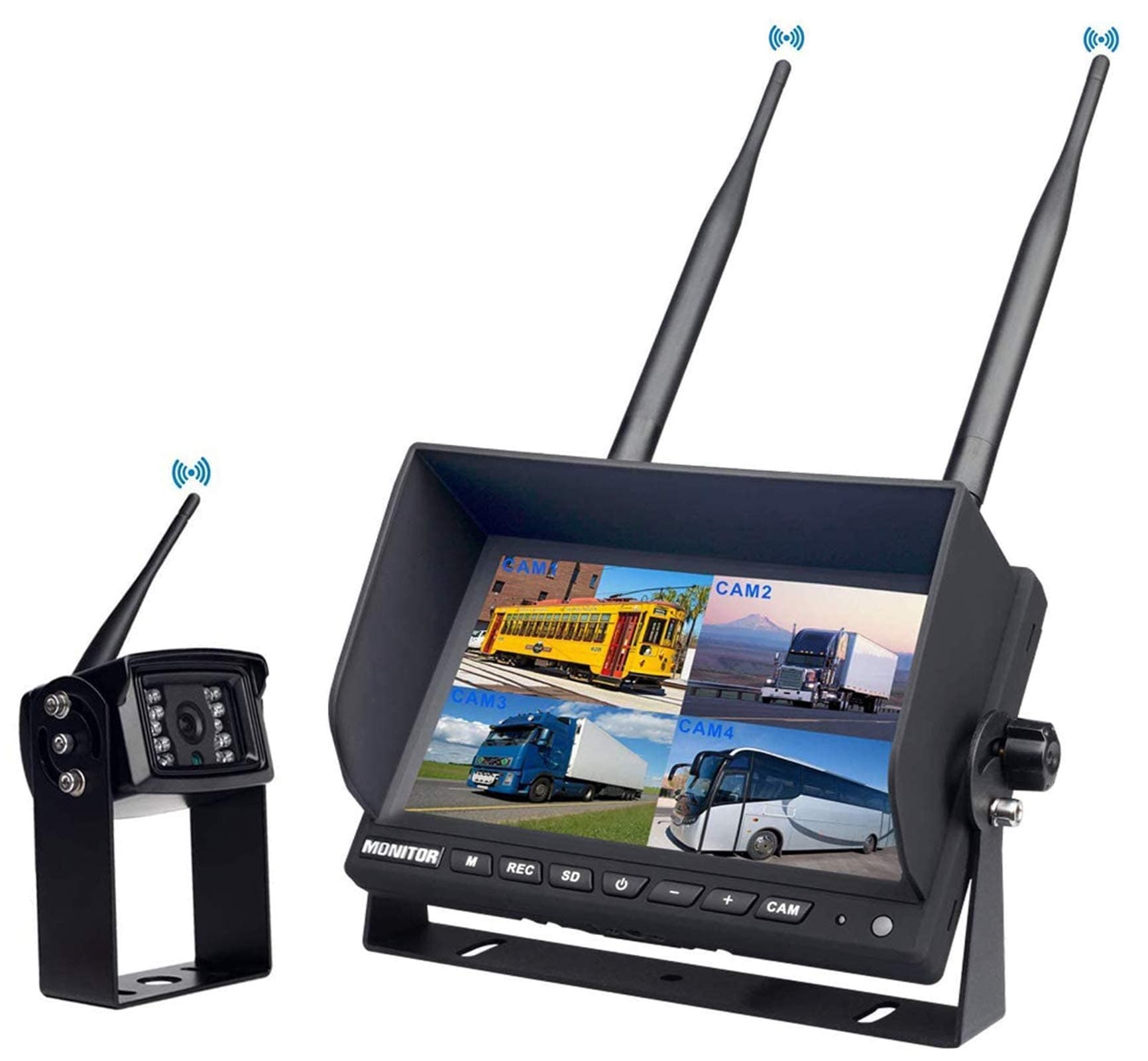 CAMONS Digital Wireless Reversing Camera Kit, 7” Rear View 4 Split Monitor(Built-in DVR, No Interference, No Filcker), 120°HD 18IR Night Vision IP69 Waterproof Reverse Camera System for RV,Van,Truck