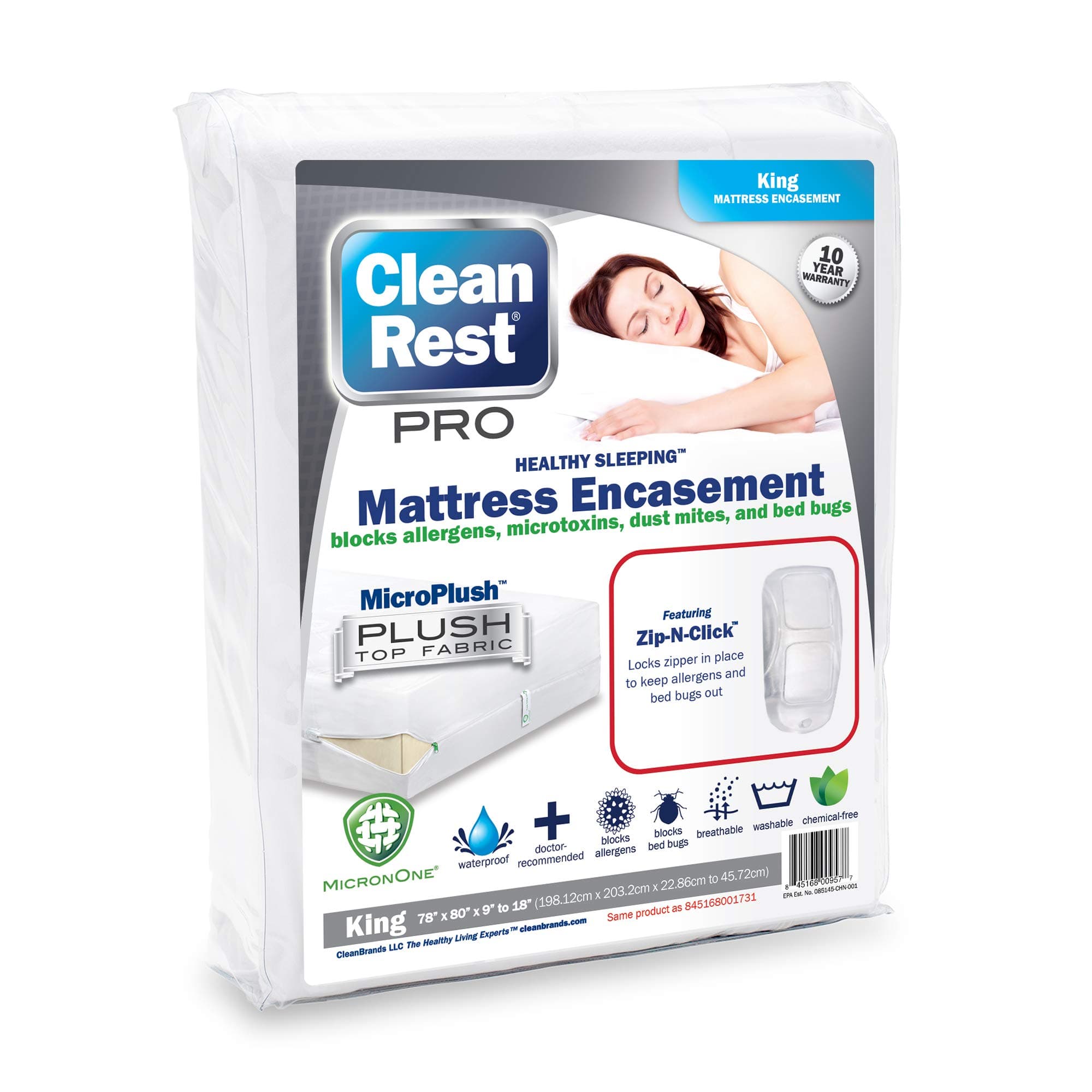 CleanRest Pro Mattress Protector Encasement, MicroPlush Fabric, Ultimate Sleep Surface Protection with Patented MicronOne Technology, Zip-N-Click Security, EZ-Fit, Waterproof (King)