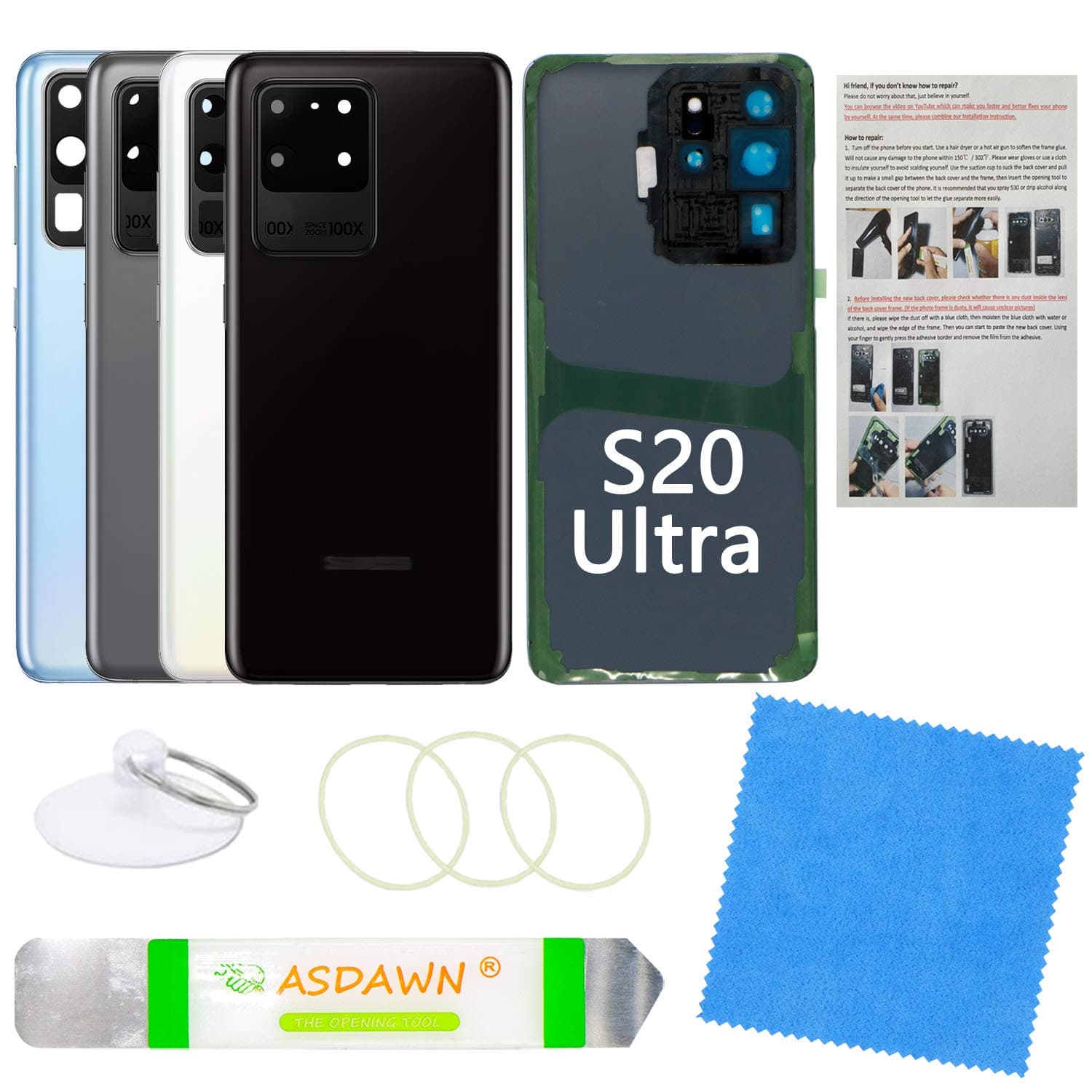Galaxy S20 Ultra Back Cover Glass Replacement with Pre-Installed Camera Lens + Repair Tools for Samsung Galaxy S20 Ultra 5G SM-G988 All Carriers (Cosmic Black)
