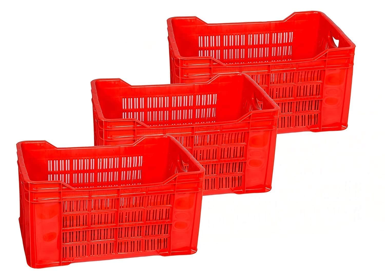Plastic Rectangular Multipurpose/Vegetable/Fruit/Fish Crate (542 x 360 x 300 mm) Pack of 3 (Red), 542 x 360 x 300 Millimeters