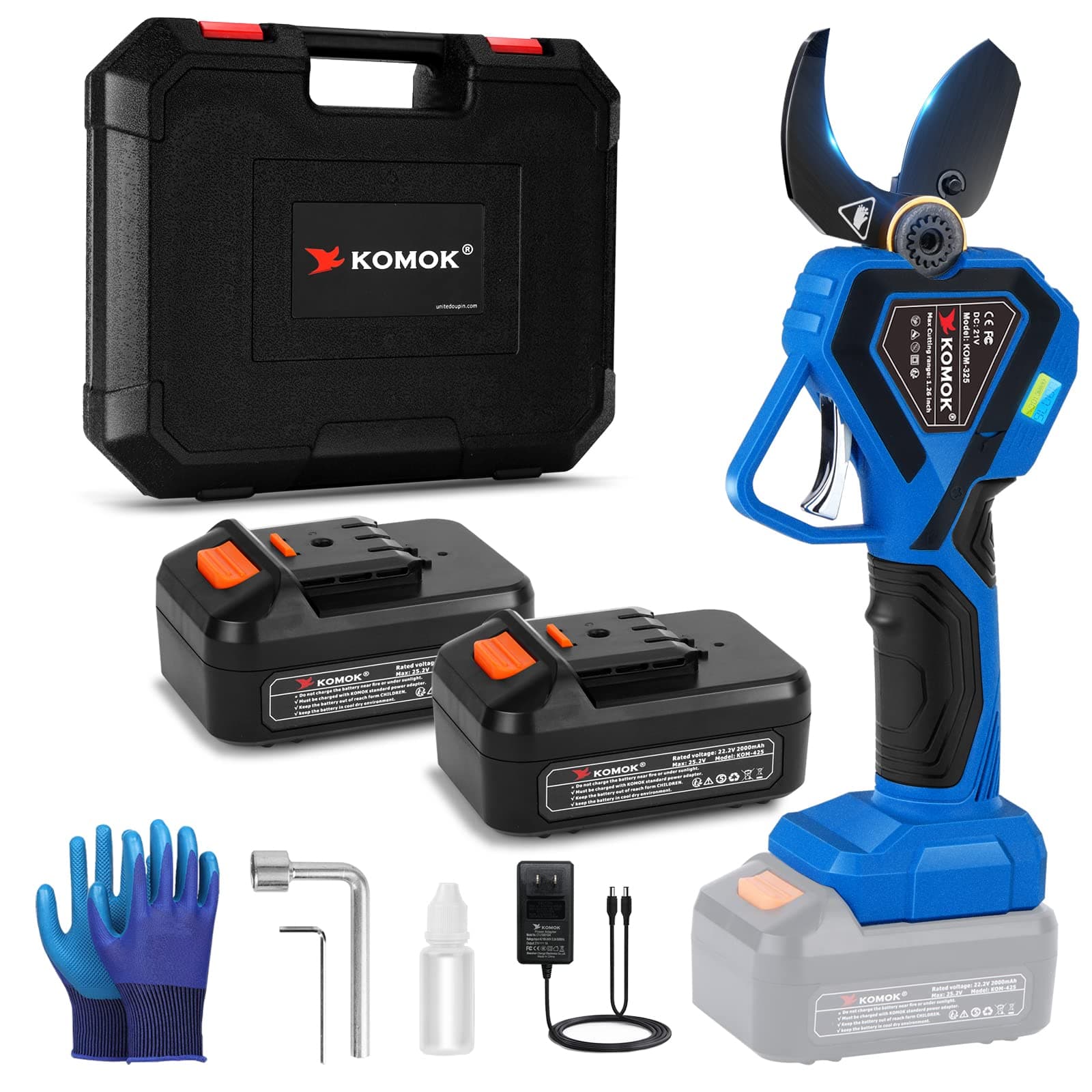 KOMOK Electric Pruning Shears, Professional Cordless Electric Pruner, Battery Powered Tree Branch Cutter with 2pcs 2Ah Battery, 1.26 Inch Cutting Diameter, 8-10 Working Hours