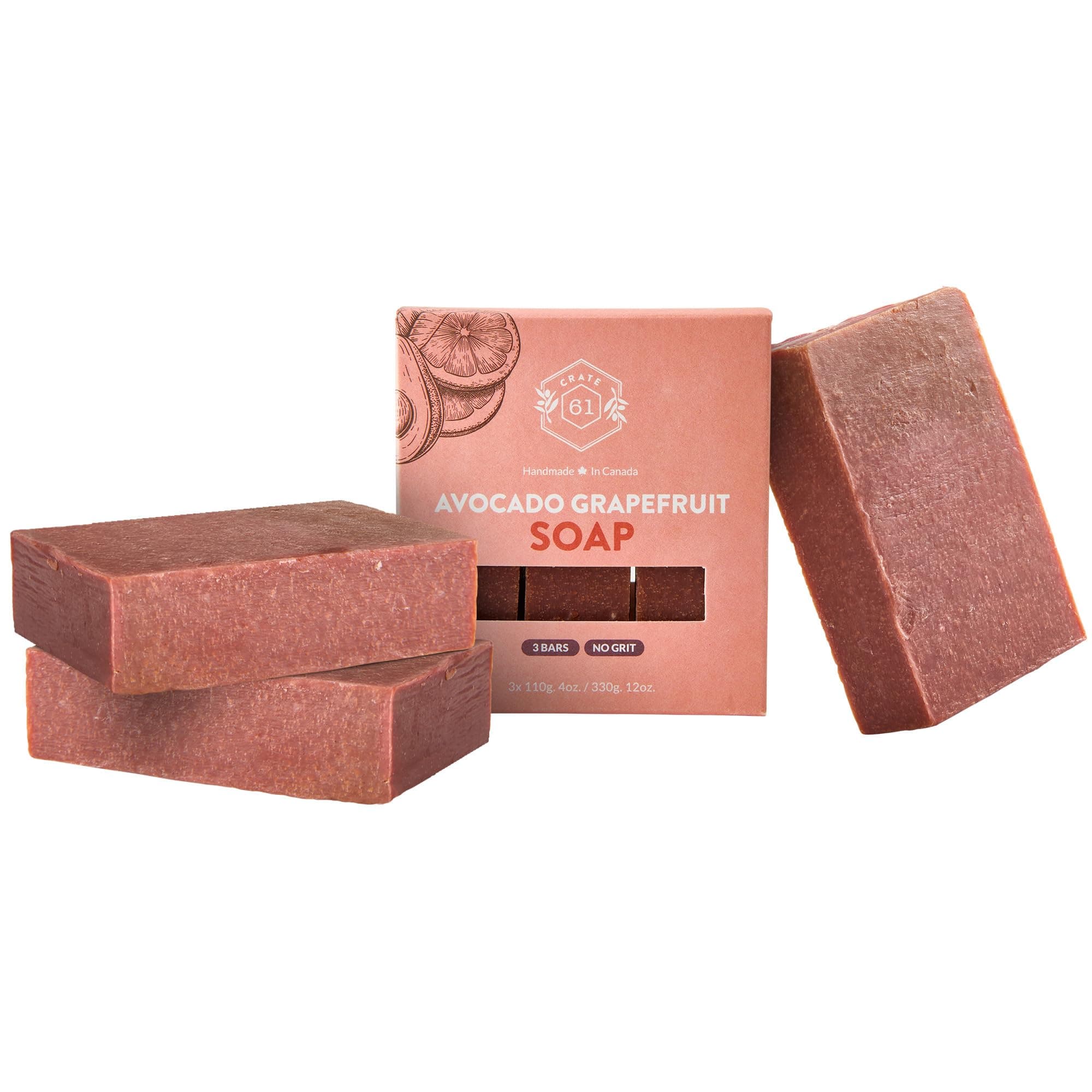 Crate 61 Avocado Grapefruit Soap 3 pack, 100% Vegan Cold Process, scented with premium essential oils, for men and women, face and body. ISO 9001 certified manufacturer