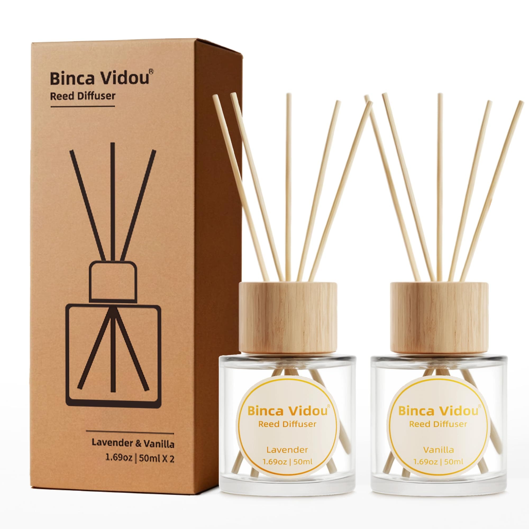 Reed Diffuser Set, Binca Vidou Lavender & Vanilla Natural Scent Oil Diffusers with Sticks for Home Office Bathroom Aromatherapy Decor 1.69oz x 2
