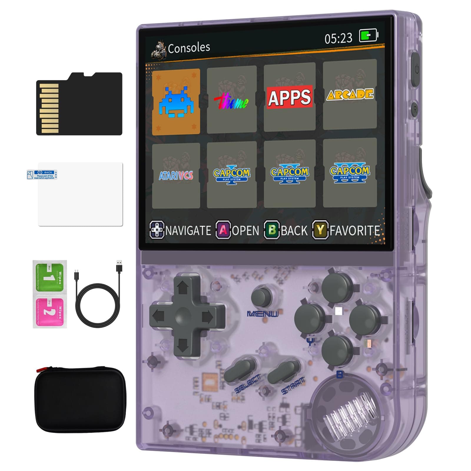 RG35XX Handheld Game Console Support Linux Garlic OS HDMI and TV Output 3.5 Inch IPS Screen 64G TF Card 6800+ Classic Games 2600mAh Battery (RG35XX-purple+bag)