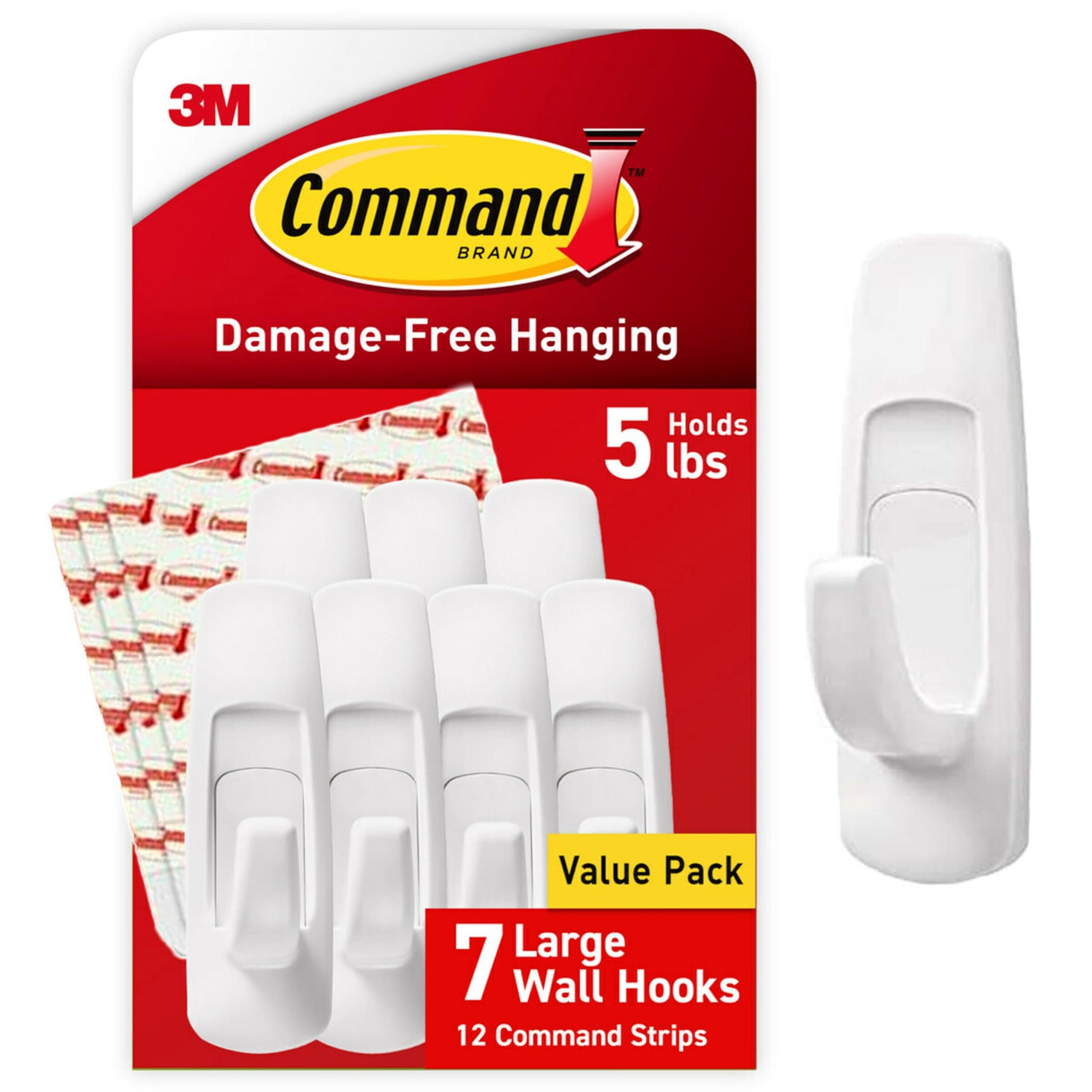 Command 5 lb Large Utility Hooks, 7 Hooks and 12 Strips, Damage-Free Hanging Wall Hook with Adhesive Strips, No Tools Required, Great for Home Kitchen Office Organization | 12-Strips, Organize, Damage-Free