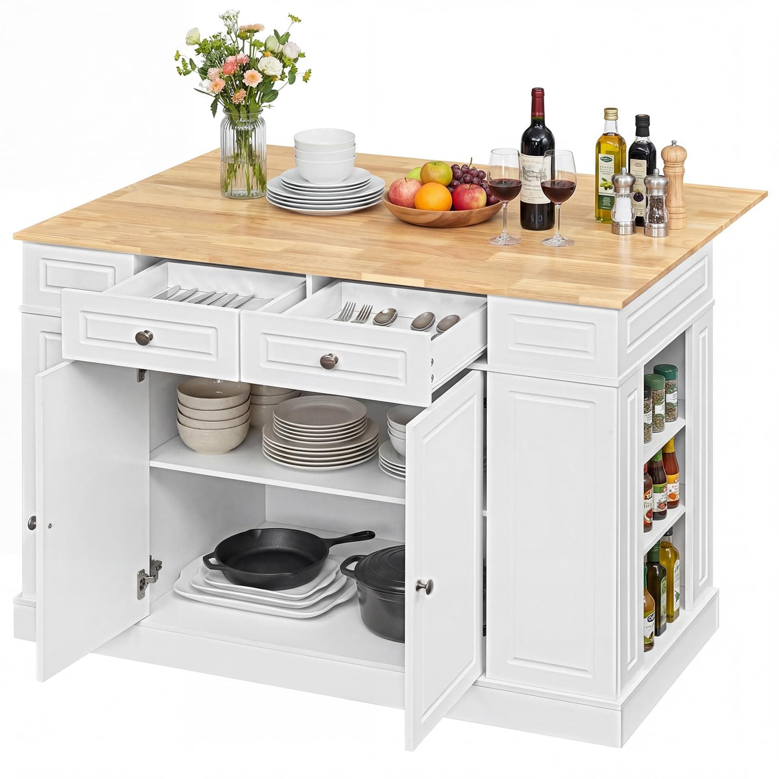 LOKO 48" Stationary Kitchen Island with Drop Leaf, Rubber Wood Top Butcher Block Island Table with 2 Drawers, Cabinet & Adjustable Shelf, Multipurpose Kitchen Cart for Dining Room, Living Room & Bar