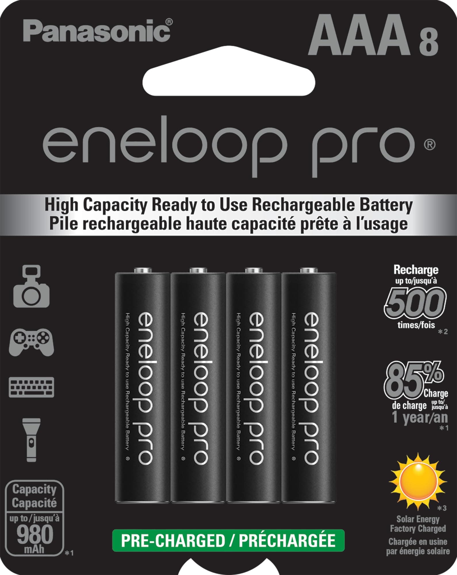 Eneloop Panasonic BK-4HCCA8BA pro AAA High Capacity Ni-MH Pre-Charged Rechargeable Batteries, 8-Battery Pack