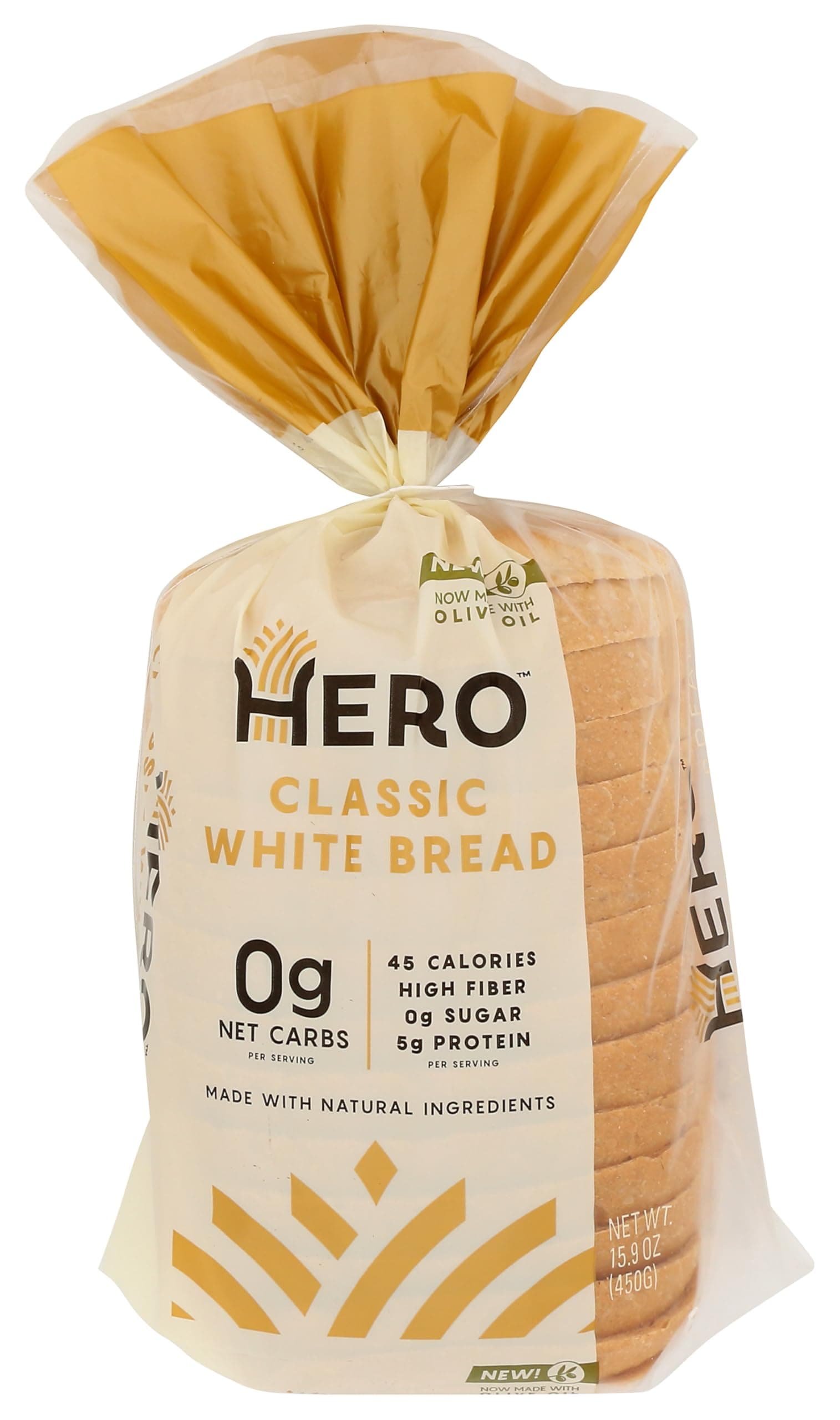 Hero Bread™ Classic White Bread — 0g Net Carb, 0g Sugar, 45 Calories, 10g Fiber per Slice | Low Net Carb Bread Loaf —15 Slices/Loaf, 2 Loaves