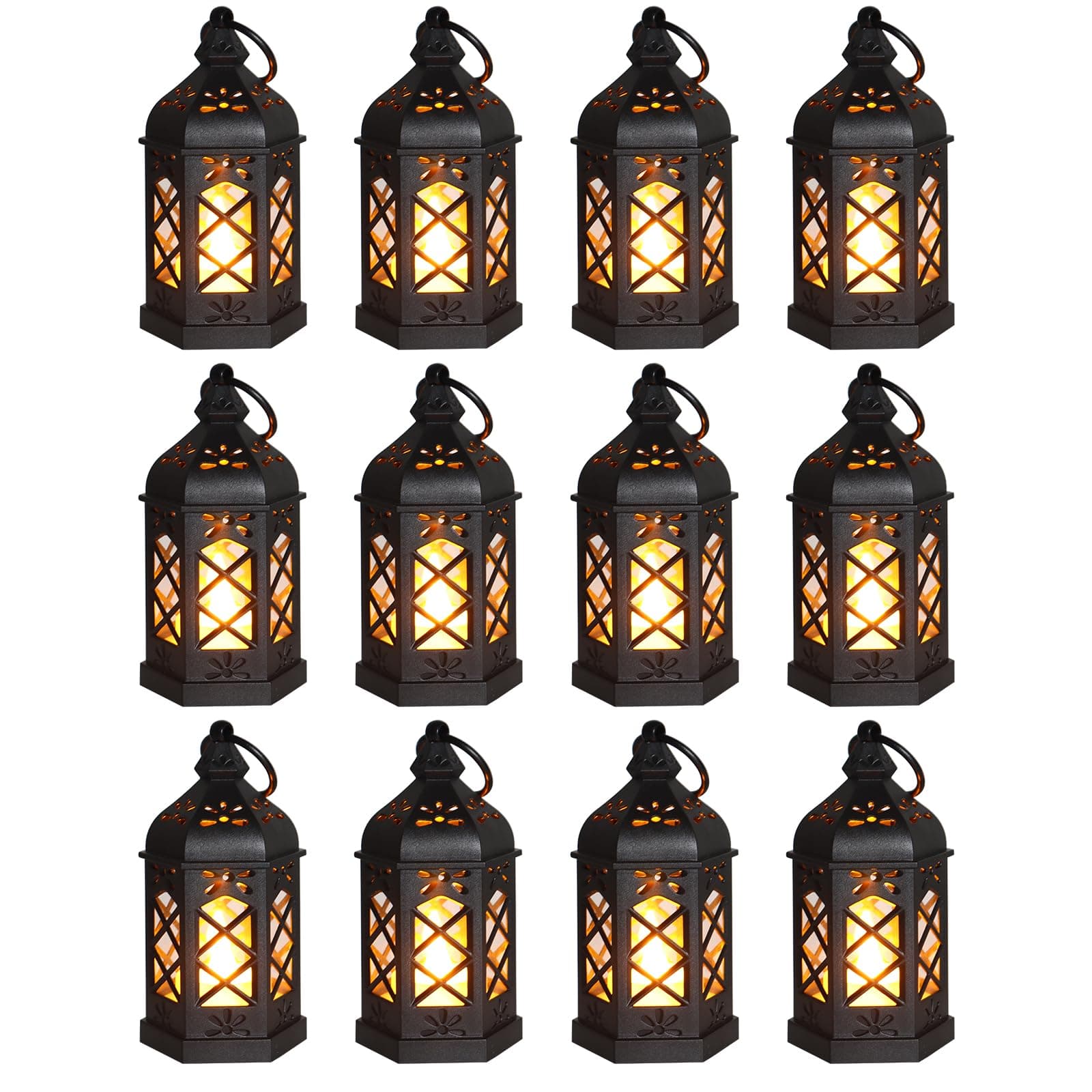 Reperla 12-Pack Mini Lanterns, Small Candle Lanterns Decorative, Black Tea Light Lantern, Ramadan Eid Decor, Table Centerpiece for Wedding Halloween Christmas, Easter Decorations, Battery Included