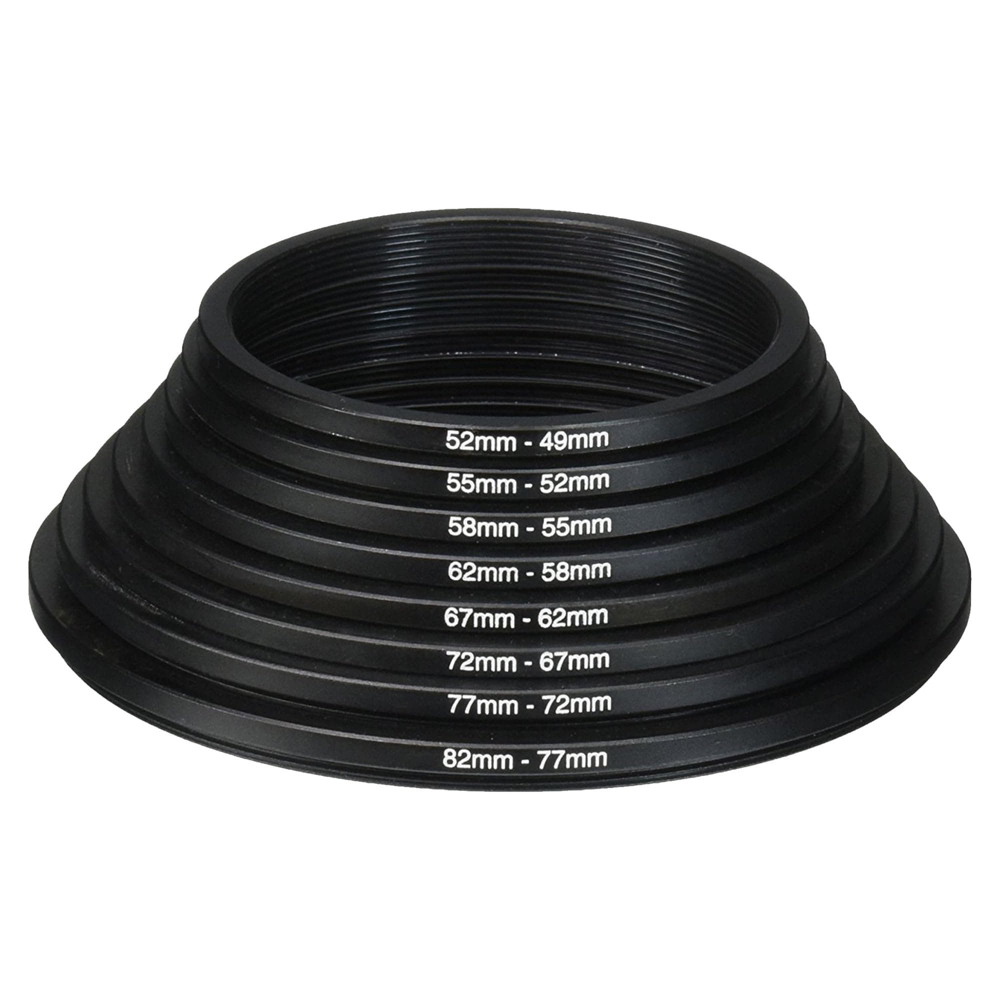 HIFFIN Camera Lens Stepping Down Filter Adapter Rings, 82-77, 77-72, 72-67, 67-62, 62-58, 58-55, 55-52, 52-49mm Metal Stepping Down Rings Kit with Anodized Aluminum Threaded Black Frame