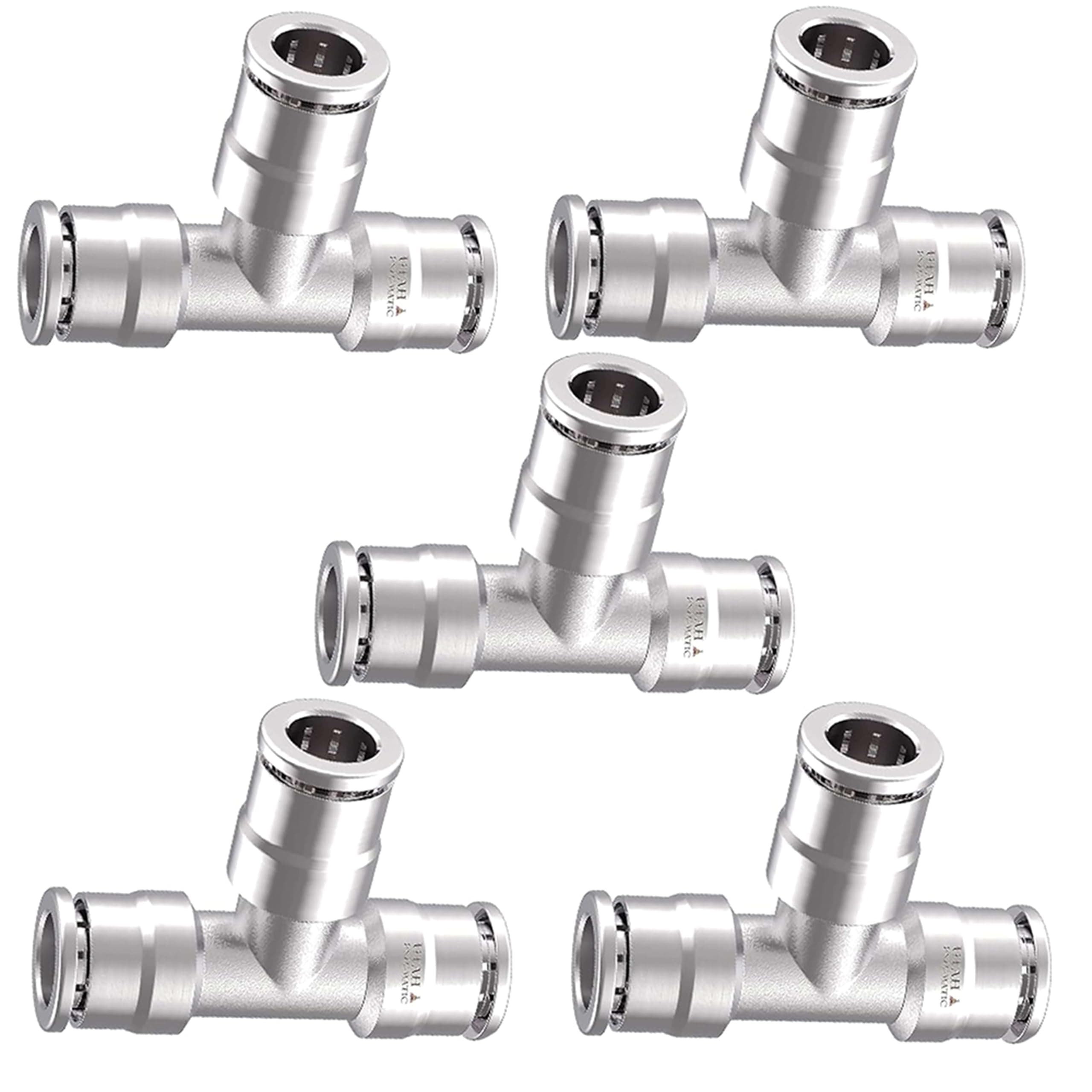 utah pneumatic1/4 Push To Connect Tee Nickel Plated Brass Union Tee Tube Fittings, Push To Connect Air Fittings For Efficient Air Flow (5 Pack)