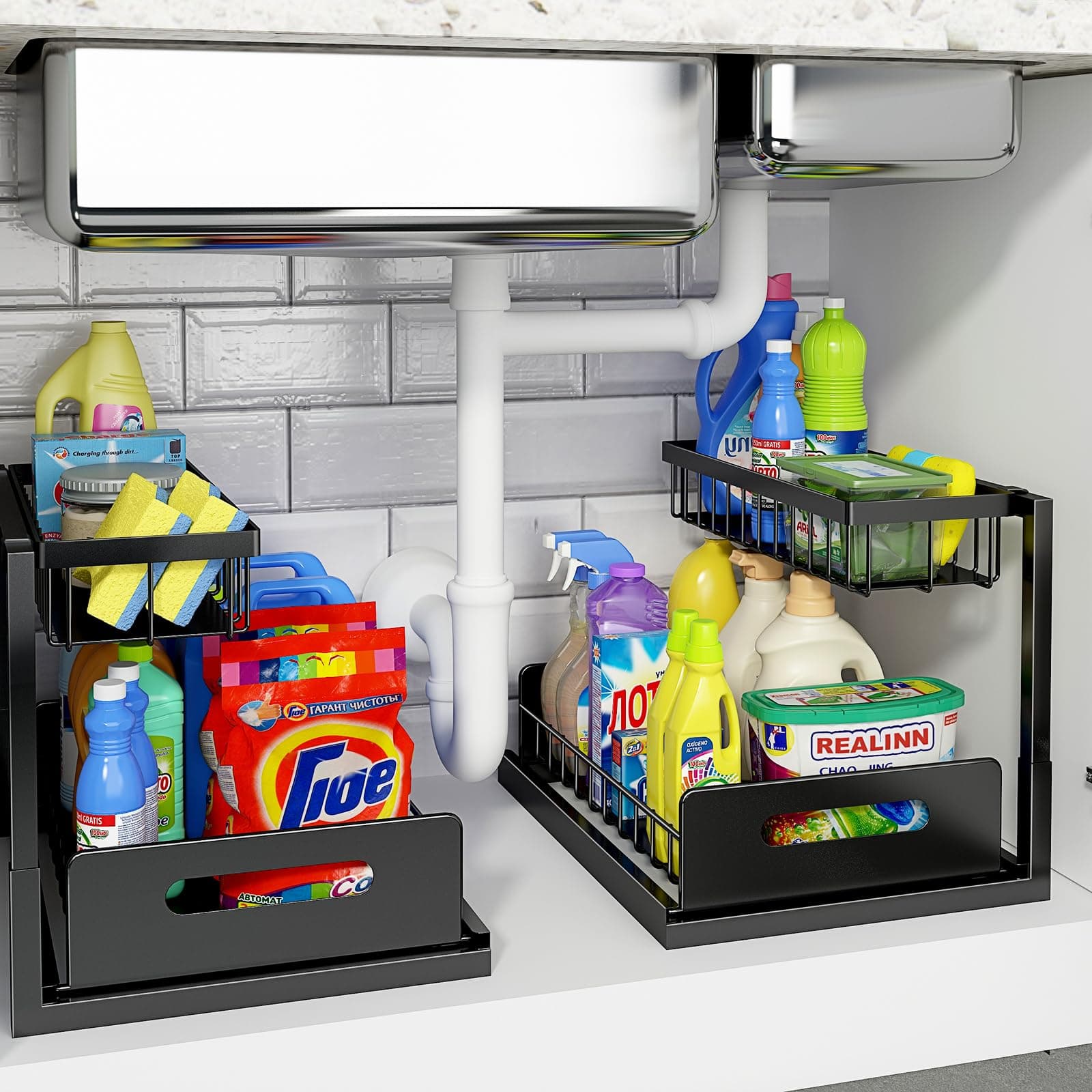 REALINN Under Sink Organizer and Storage, 2 Pack Pull Out Cabinet Organizer Slide Out Sink Shelf Cabinet Storage Shelves, Under Sink Storage for Kitchen Bathroom Cabinet