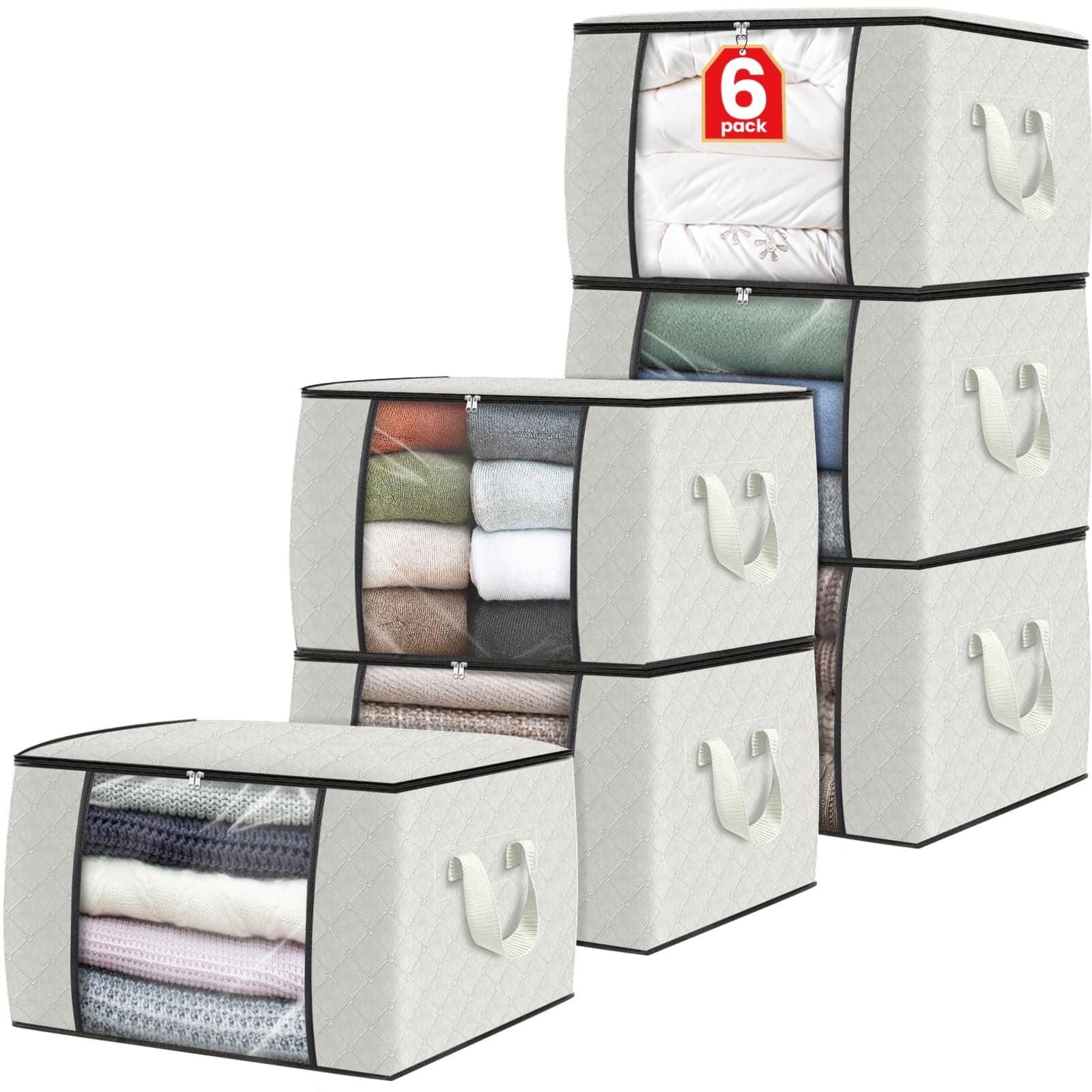 6 Pack Clothes Storage, Foldable Thick Fabric Blanket Storage Bags, Containers for Organizing Bedroom, Closet, Clothing, Comforter,Organization with Handle,Ivory White