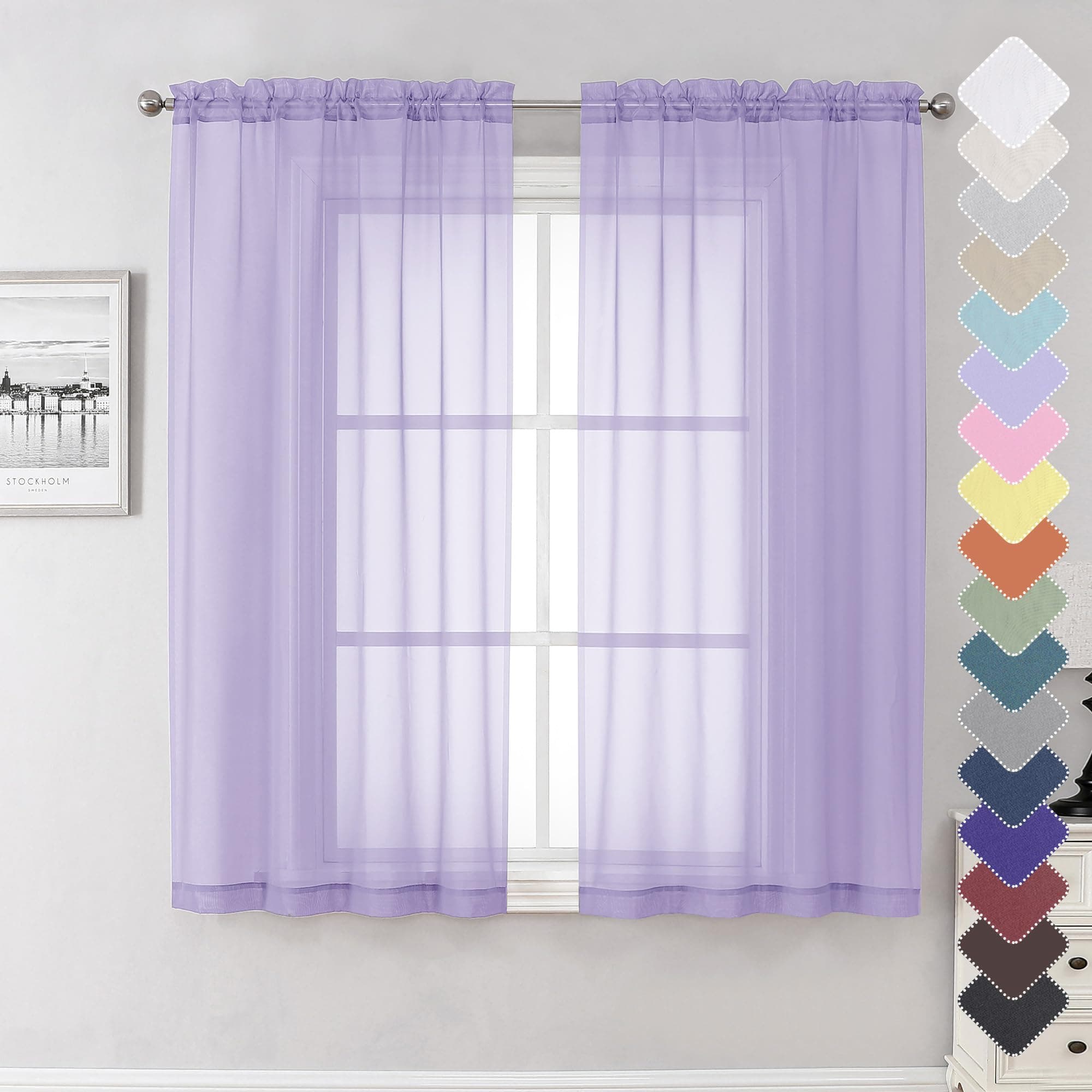 Lecloud Light Filtering Lavender Sheer Curtains 63 Inch Length 2 Panels, Solid Kitchen/Living Room/Bedroom Voile Light Purple Curtain, Dual Rod Pockets Window Short Gauzy Drapes, 40x63 Inches