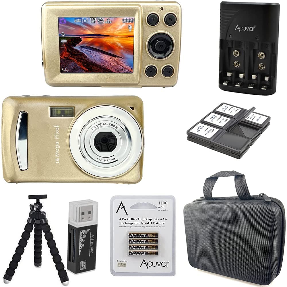 Acuvar16 MegaPixel Entry Camera Vlogging Kit with Flexible Tripod, SD Card Reader, 4 AAA Batteries & Charger, 6 Slot SD Card Holder, Lens Cleaning Kit and Hard Shell Case (Gold)