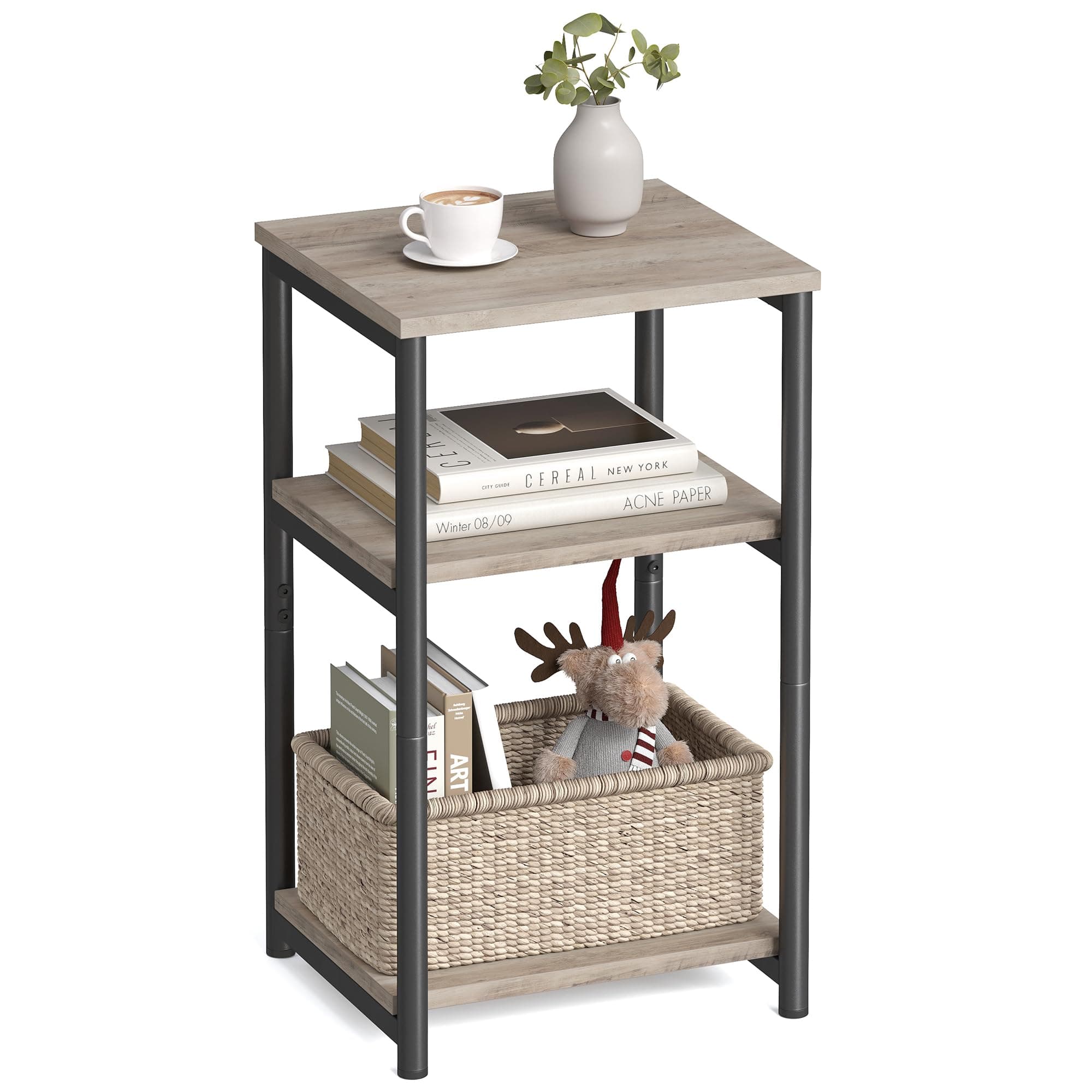 VASAGLE Side Table, End Table Storage Shelves, Slim Tall Table, Steel Frame, Living Room, Study, Bedroom, Industrial, Greige and Black ULET273B02, 13.4 in x 11.8 in x 22.8 in