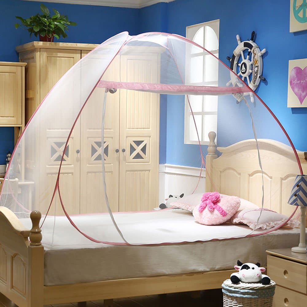 Folding Mosquito Net Bed Tent with Bottom Pop-Up Mongolian Pack Canopy Curtains for Girls Adults Bedroom College Students Dorm Outdoor Travel Camping, Pink