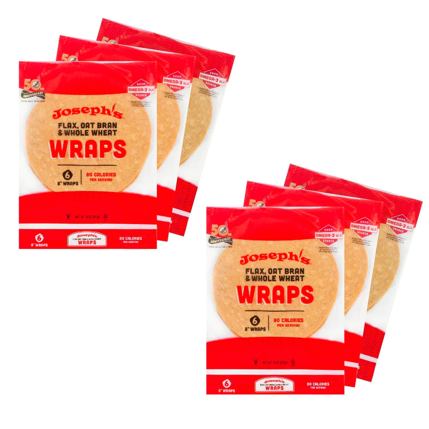 Joseph's Low Carb Wrap Value 6-Pack, Flax, Oat Bran and Whole Wheat, 8g Carbs Per Serving, Fresh Baked (6 Per Pack, 36 Wraps Total)