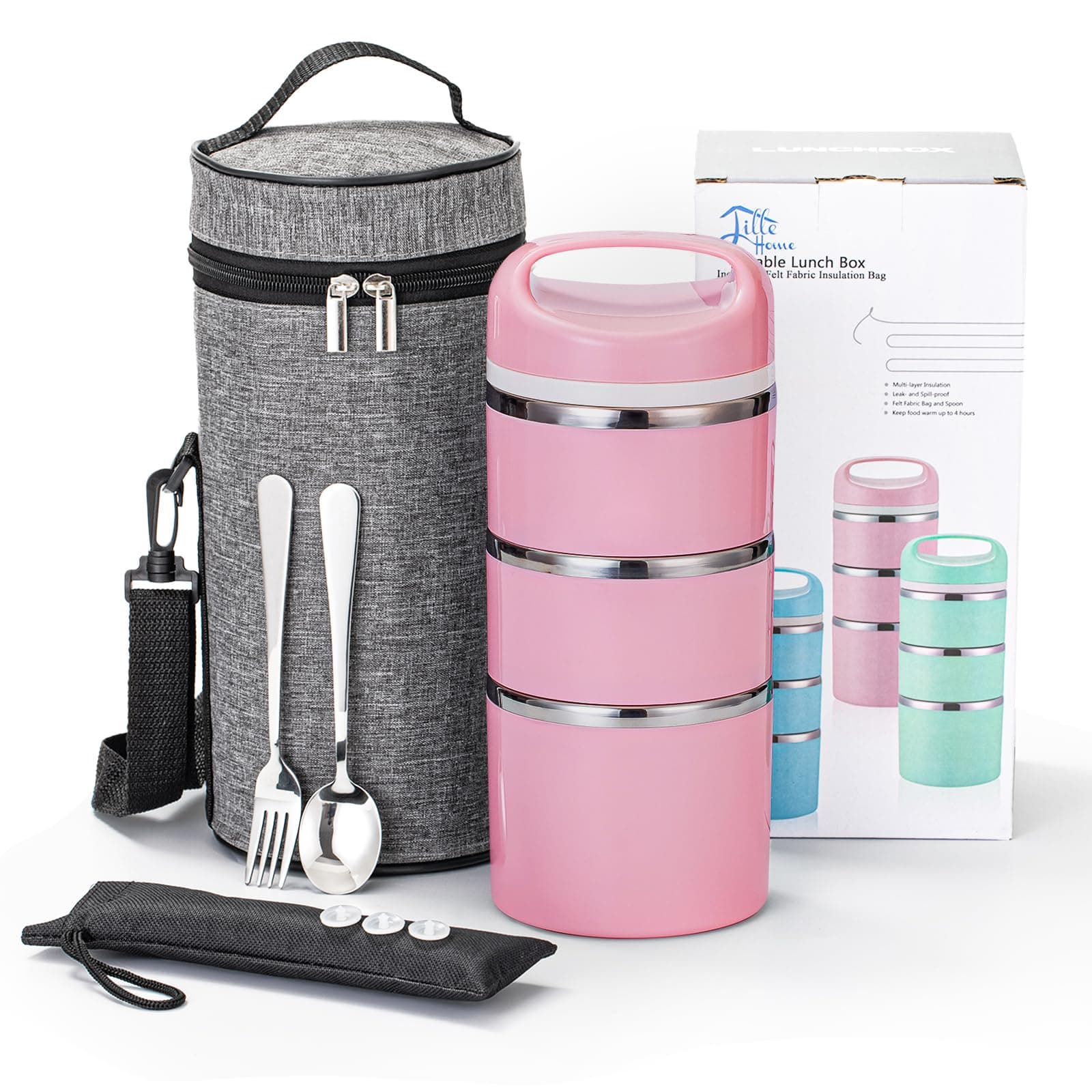 Lille Home 1380ml Stackable Stainless Steel Thermal Compartment Lunch Box, 3-Tier Insulated Bento/Food Container with Upgraded Lunch Bag and Silicone Seals