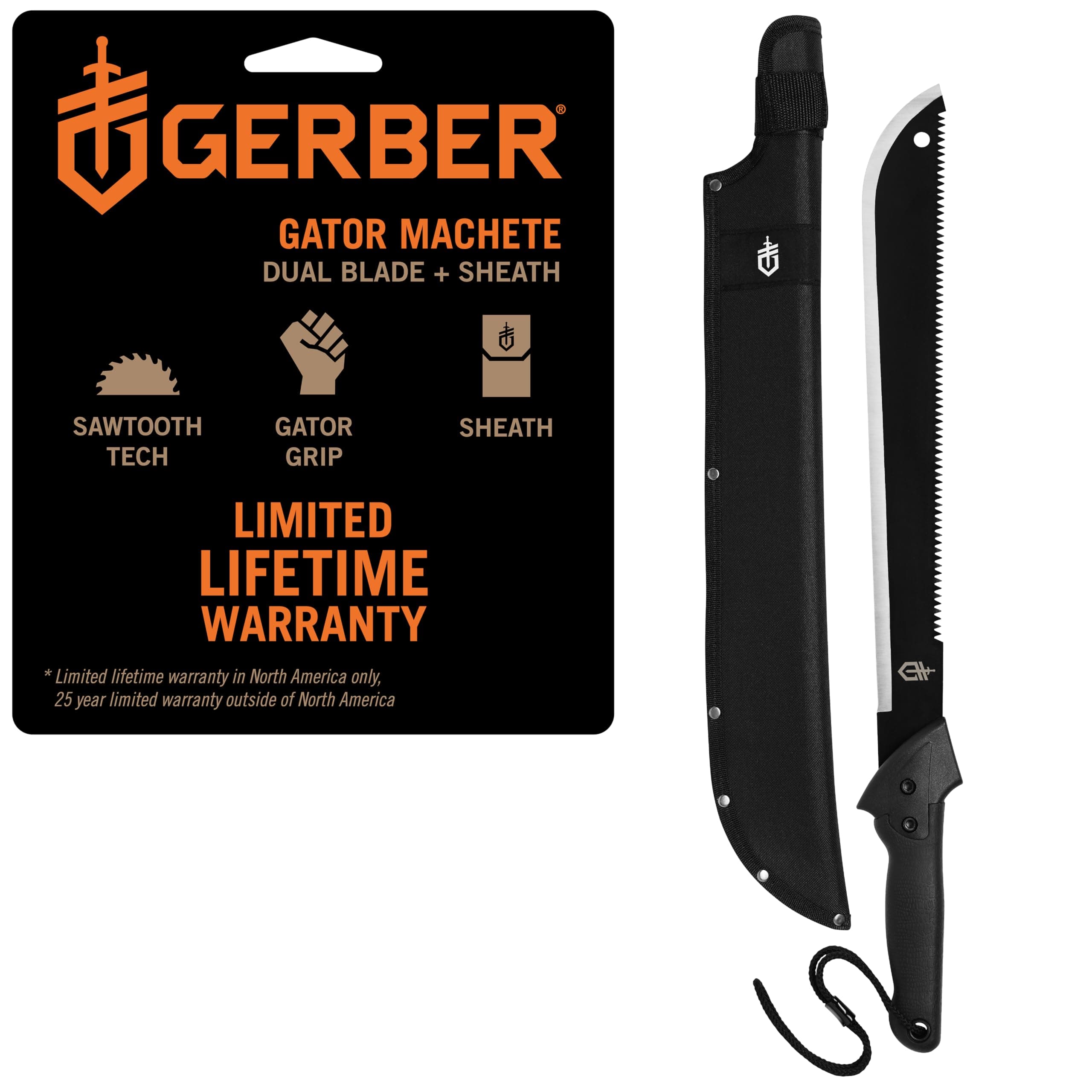 Gerber Gear Gator Machete 25" with Plain Edge Blade and Saw, Gator Grip and Protective Sheath for Gardening, Survival, Hunting, Camping and Bushcraft, Black