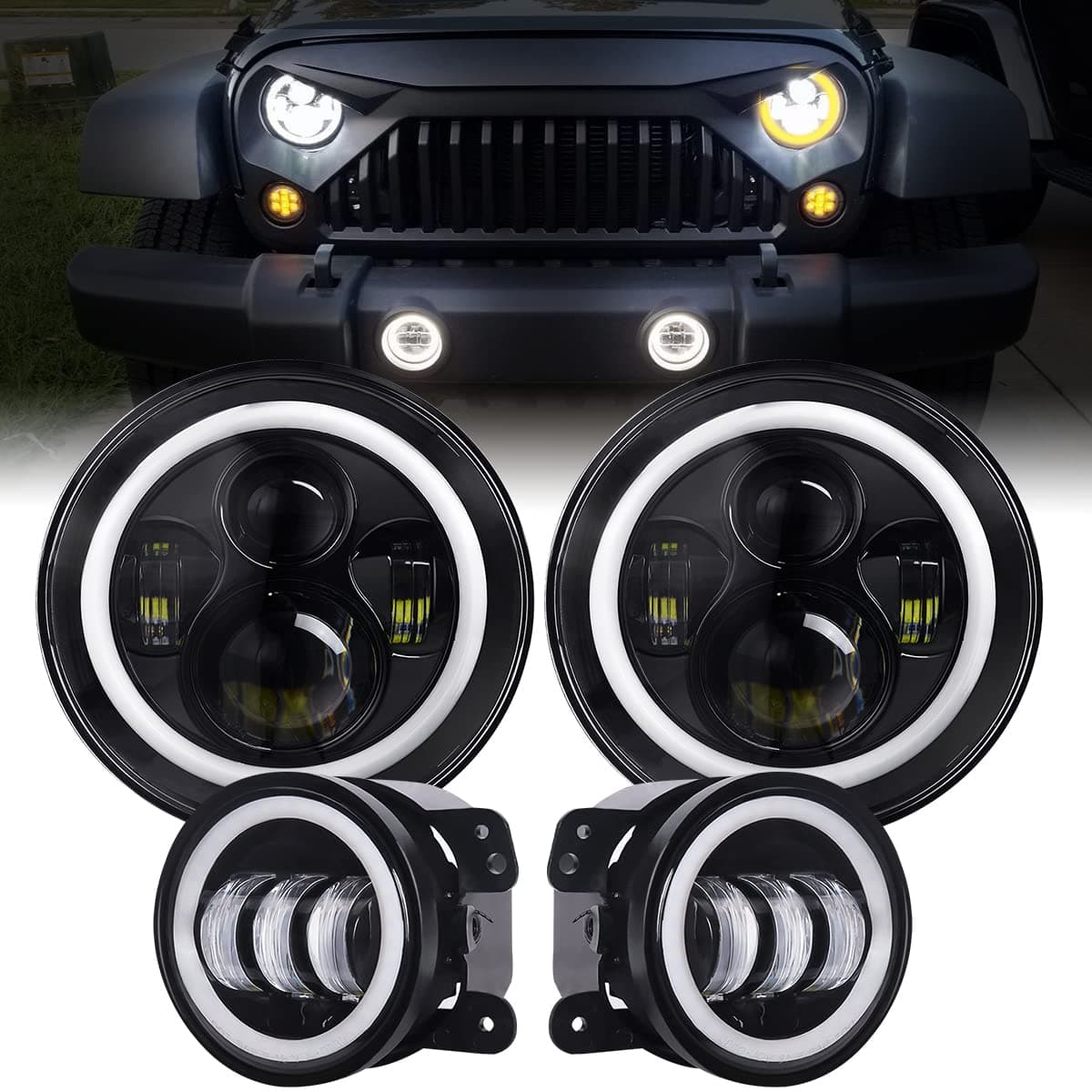 YEEGO DIRECT Dot Approved 7'' LED Headlights with White DRL/Amber Turn Signal + 4 inch LED Fog Lights with White DRL Halo Ring for Jeep Wrangler 1997-2017 JK LJ TJ