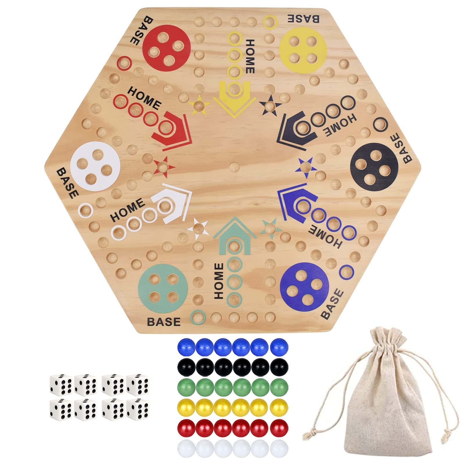 24" Wooden Wahoo Board Game Double-Sided for 4 or 6 Players Fast Track Board Game, Original Marble Game Set with 36 Marbles, 8 Dice for Family Night, Parties and Adult Gifting