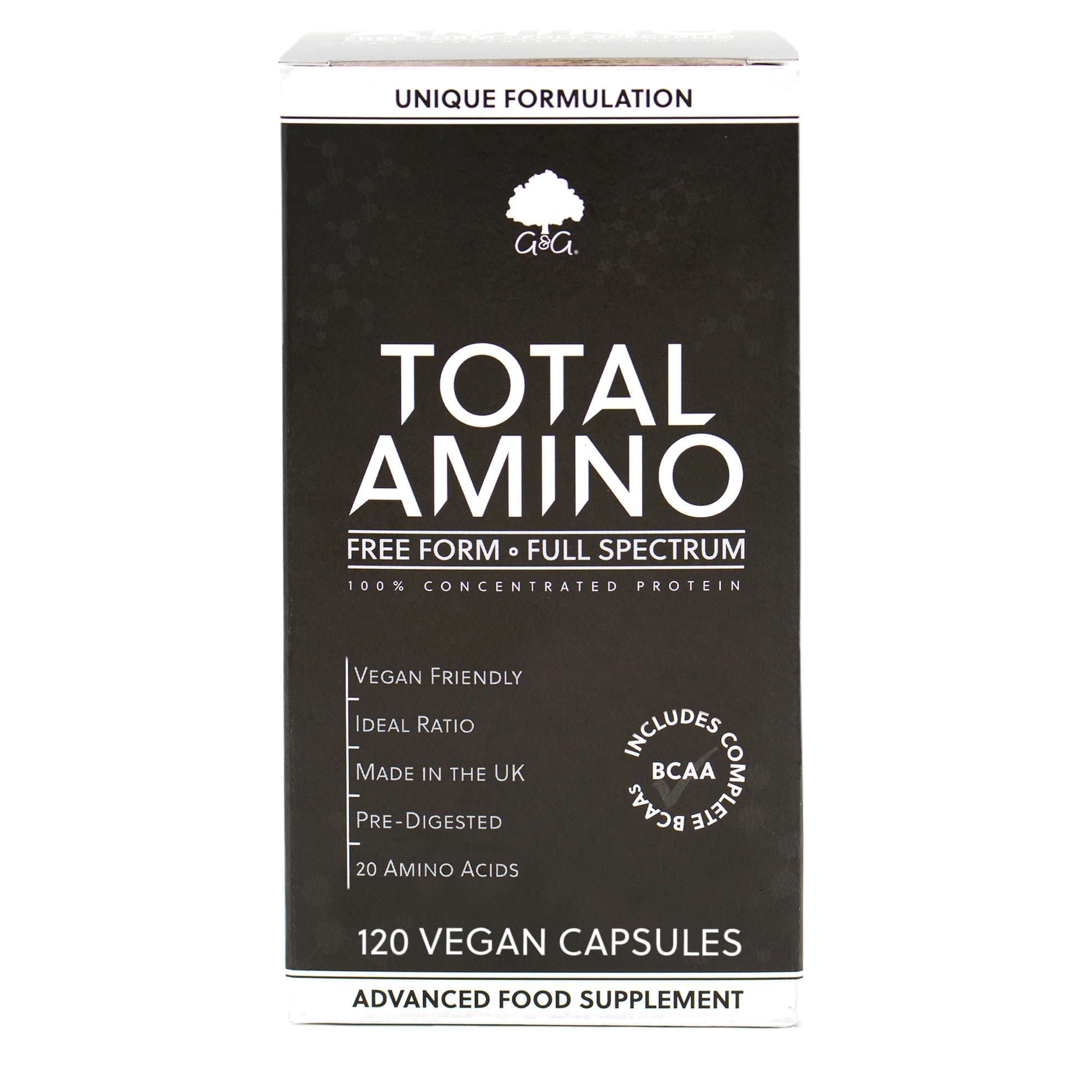 – Total Amino - Full Spectrum - All 20 Amino Acids - EAA, BCAA - Free Form - 120 Vegan Capsules - Made in the UK by G&G Vitamins