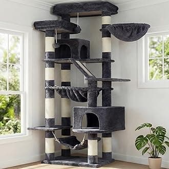 Heybly Cat Tree, 71-Inch-Tall Tower for Indoor Cats with 2 Perches, 2 Big Condos, 2 Hammocks, Basket, Scratching Pad, Large Cat Furniture and Condo, Smoky Gray HCT034G