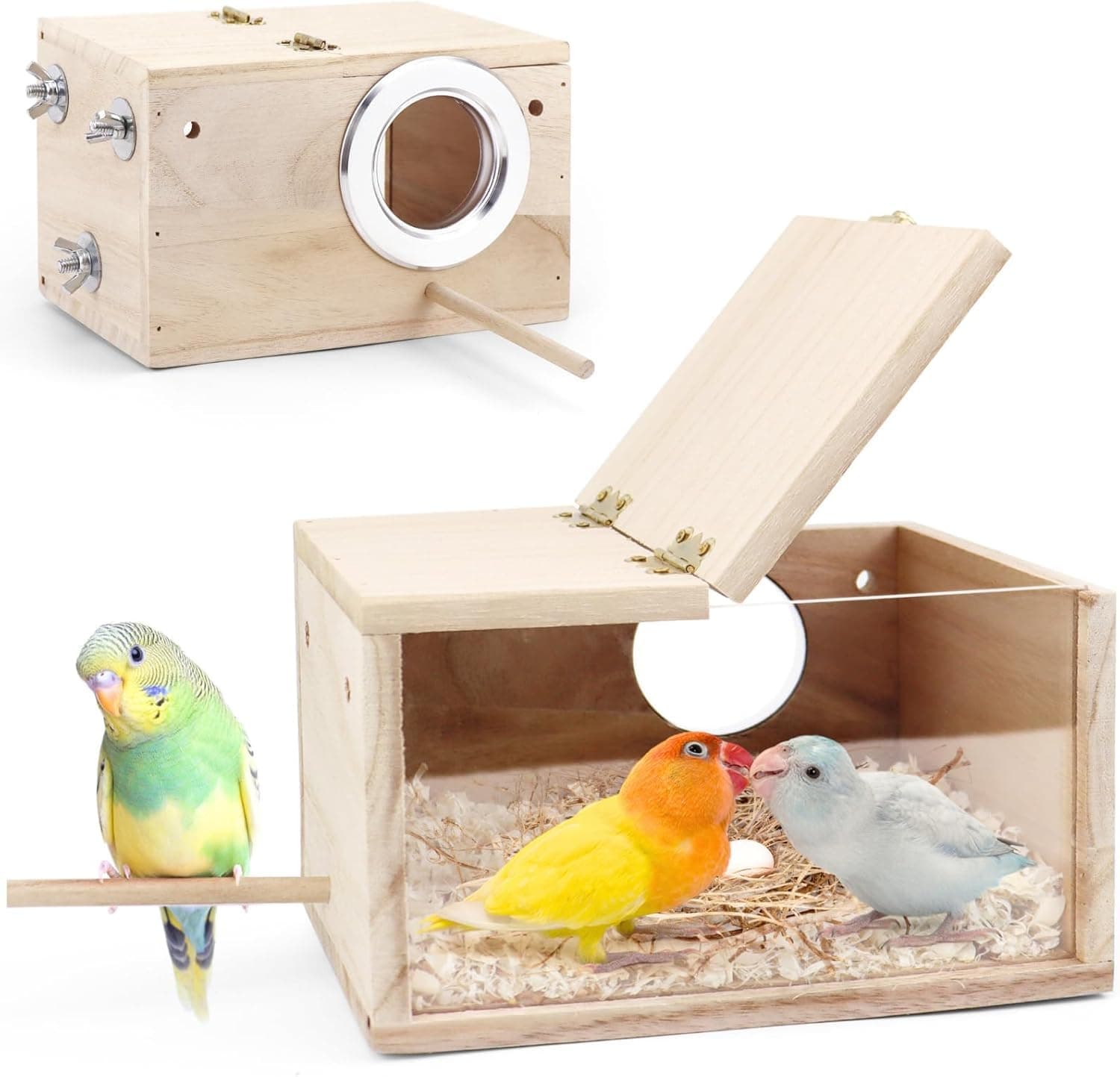 Parakeet Nesting Box - Visual Wooden Bird Nest Breeding Box - Bird Cage House with Perch for Lovebirds Cockatiel Budgie Finch Parrot