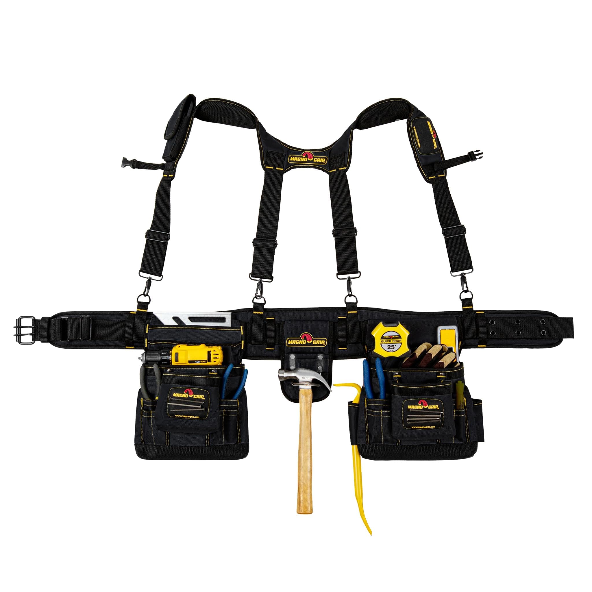 20-Pocket Builder’s Tool Rig with Magnetic Storage—Heavy-Duty 1680D Polyester Tool Belt with Padded Suspenders, Rivet Reinforced Stress Points, and Smartphone Holder, Fits Up to 52” Waist.