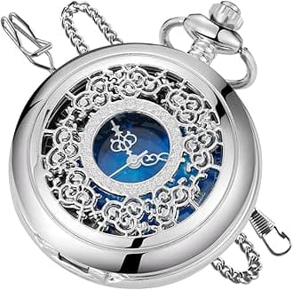 Tiong Quartz Pocket Watch Hollow Steampunk Blue Star Design Roman Numerals Pocket Watch with Chain Christmas Gifts