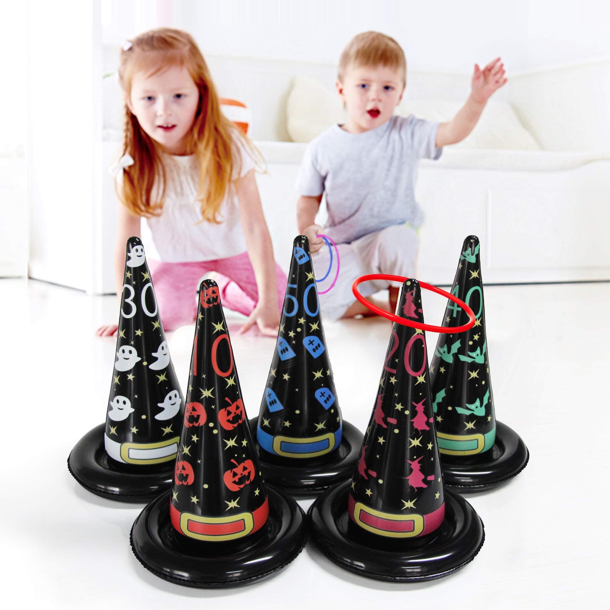 5PCS 16 in Inflatable Witch Hat Ring Toss Game Halloween Games with 8 Plastic Ring Toss(M)
