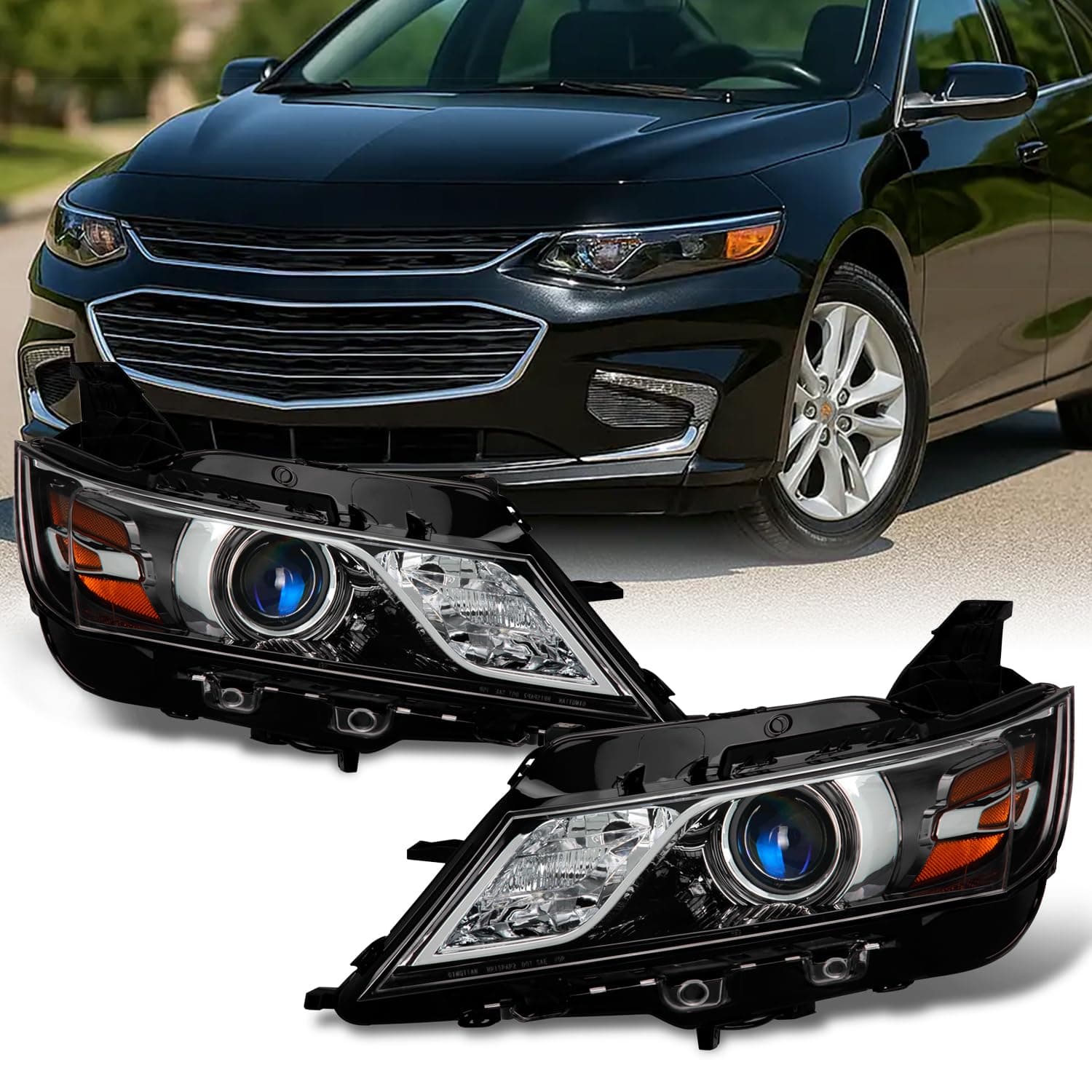 Fits 2014-2020 Chevy Impala [Halogen Style] Projector Black Headlights Pair Driver Left + Passenger Right Headlamps