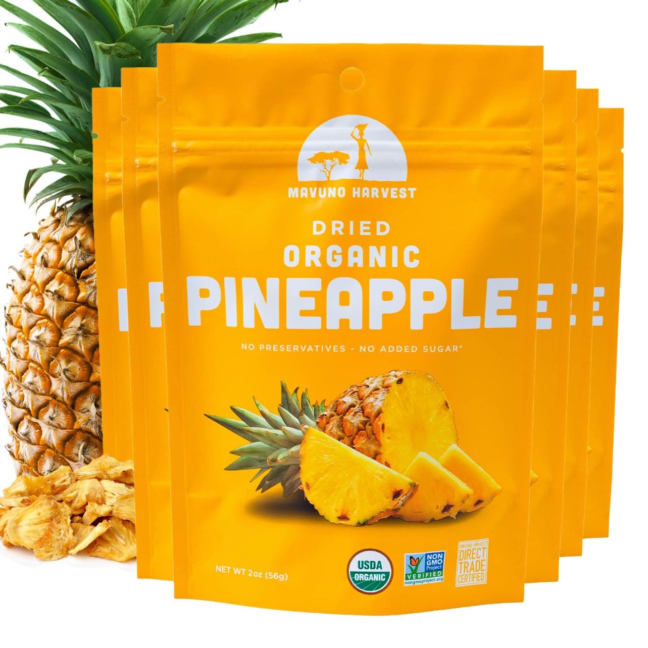 Mavuno Harvest Pineapple Dried Fruit Snacks | Organic Dried Pineapple Chunks| Gluten Free Healthy Snacks for Kids and Adults | No Sugar Added, Vegan, Non GMO, Direct Trade | 2 Ounce, Pack of 6