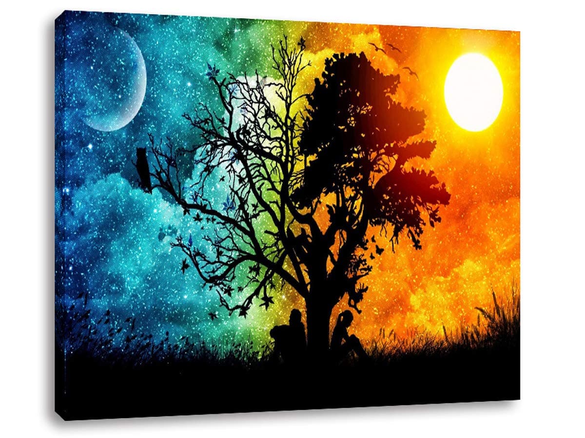 AGCary Sun Moon Tree Wall Decor Modern Artwork Print Canvas Painting for Living Room Bedroom Home Decor Poster Print Oil Paintings Canvas Reproduction Ready to Hang 16" x 12"