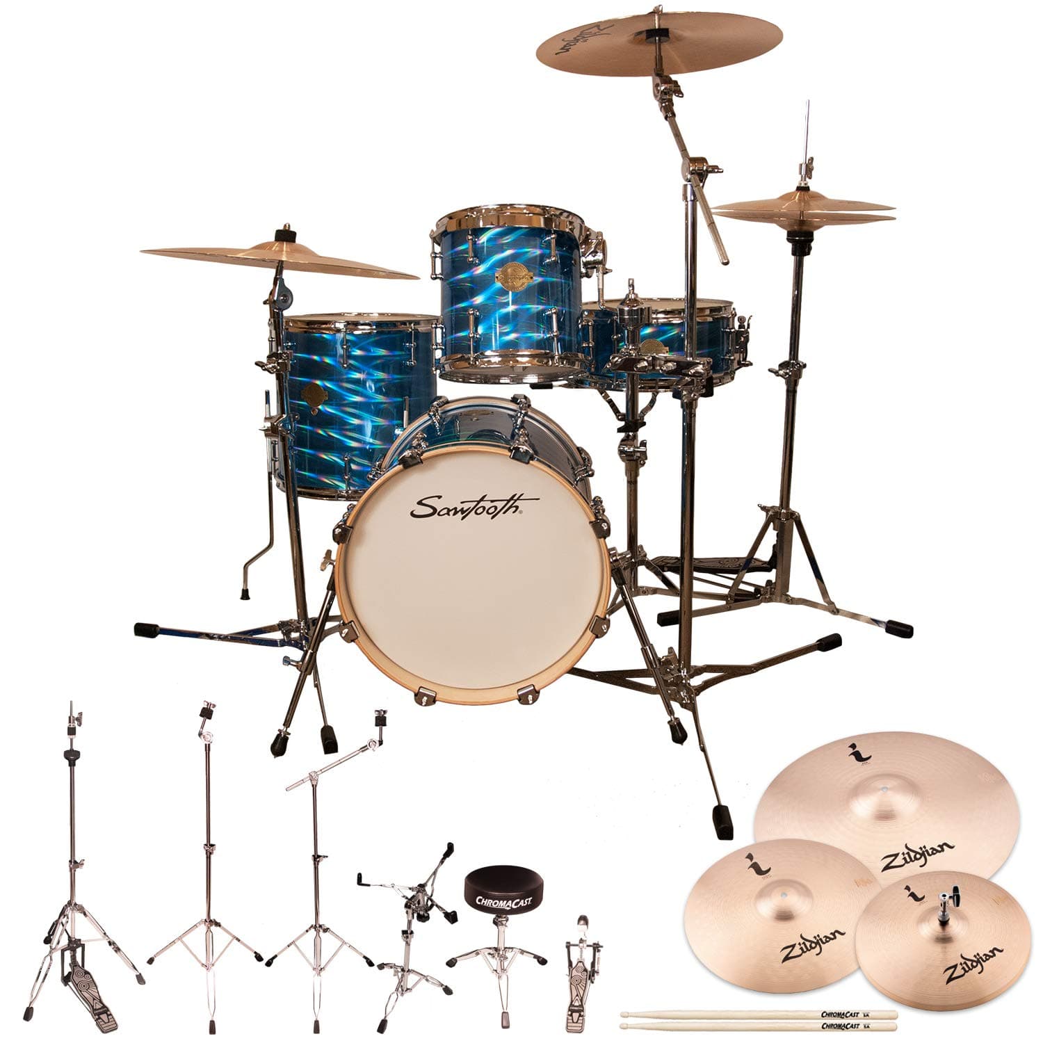 Sawtooth Command Series 4-Piece Set with 16" Bass Drum, ChromaCast Hardware & Zildjian I Family Cymbals, Blue Mirror Metallic, (ST-COM-4PC-16-BMM-ZBT)