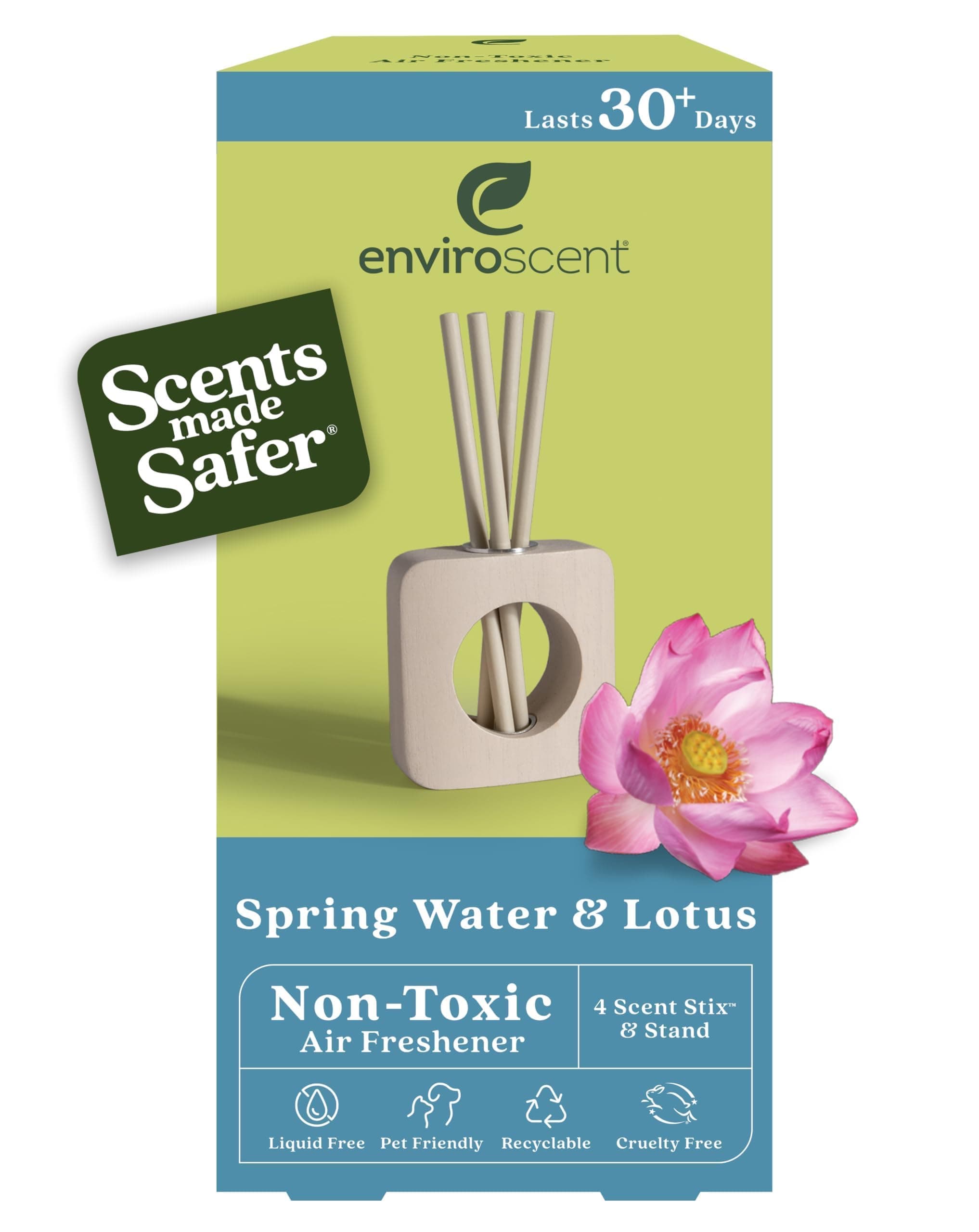 Non-Toxic Scented Stix Diffuser (2-Piece Set) Room & Home Air Freshener Kit (Spring Water + Lotus) Infused with Essential Oils | 1 Mango Wood Stand & 1 Liquidless Scent Stix Refill