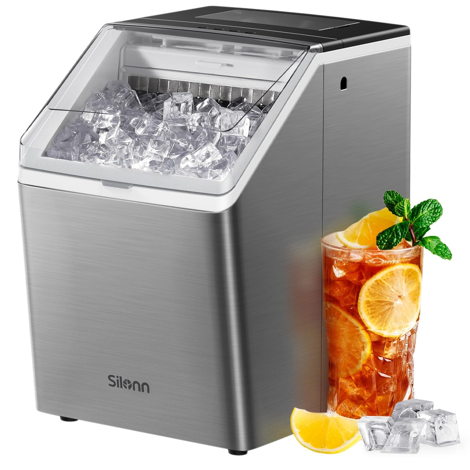 Silonn Ice Maker Countertop 44lbs/Day, Ice Cube Maker with Self-Cleaning, Stainless Steel Ice Machine with 2 Water Fill Options, Compact for Home Office Bar Party