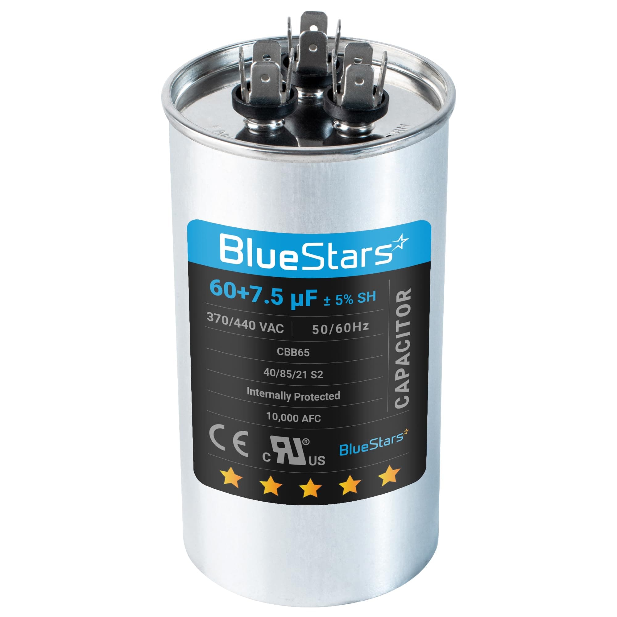 [2025 Updated] BlueStars 60+7.5 uF 60/7.5 MFD ±5% 370 or 440 Volt AC CBB65B Dual Run Round Capacitor Replacement Part, For AC Motor Run Condenser Straight Cool Heat Pump Air Conditioner HVAC Capacitor